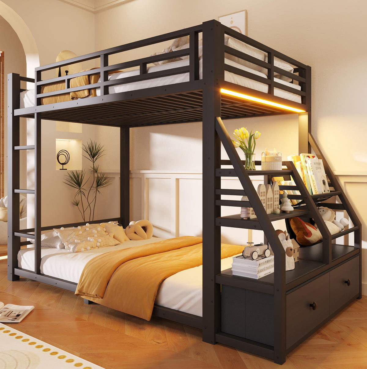 ETAGENBETT 90/200 cm aus Metall und Holz mit LED-Beleuchtung und 2 Stoffschubladen Schwarz - Schwarz, Holz (90/200cm) - Modenvie