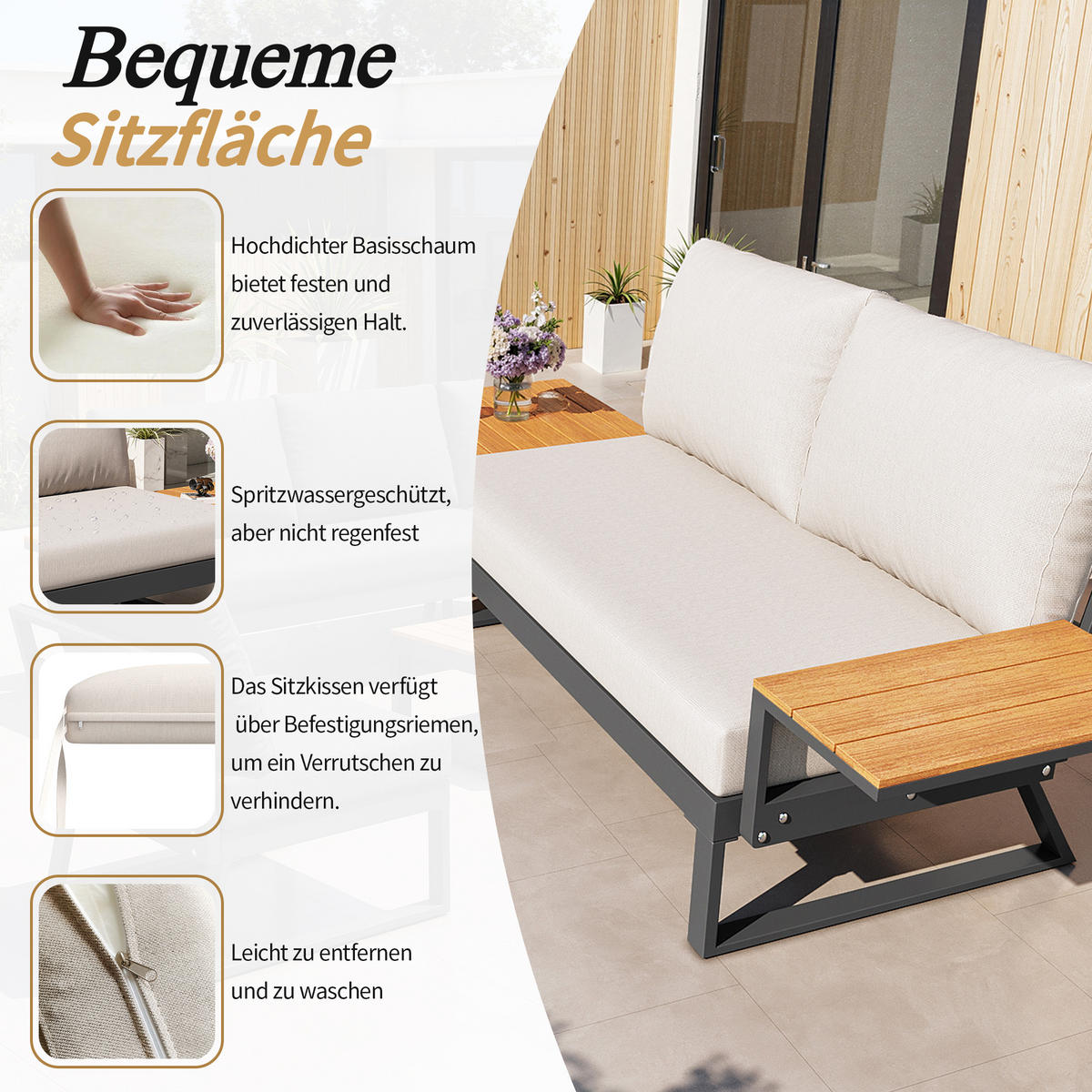 LOUNGESET, 7 Personen, Eisen, Ecksofa, Holztisch, Beige - Beige, Metall - FLIEKS