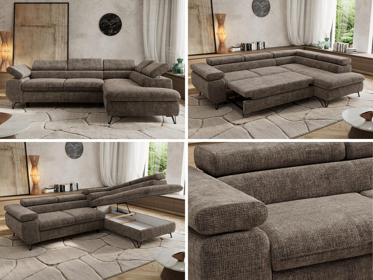 ECKSOFA PABLO L Braun Schenille grob gewebt - Rechts Seite mit T25 Topper - Schwarz/Braun, Textil/Metall (273/208cm) - MKS