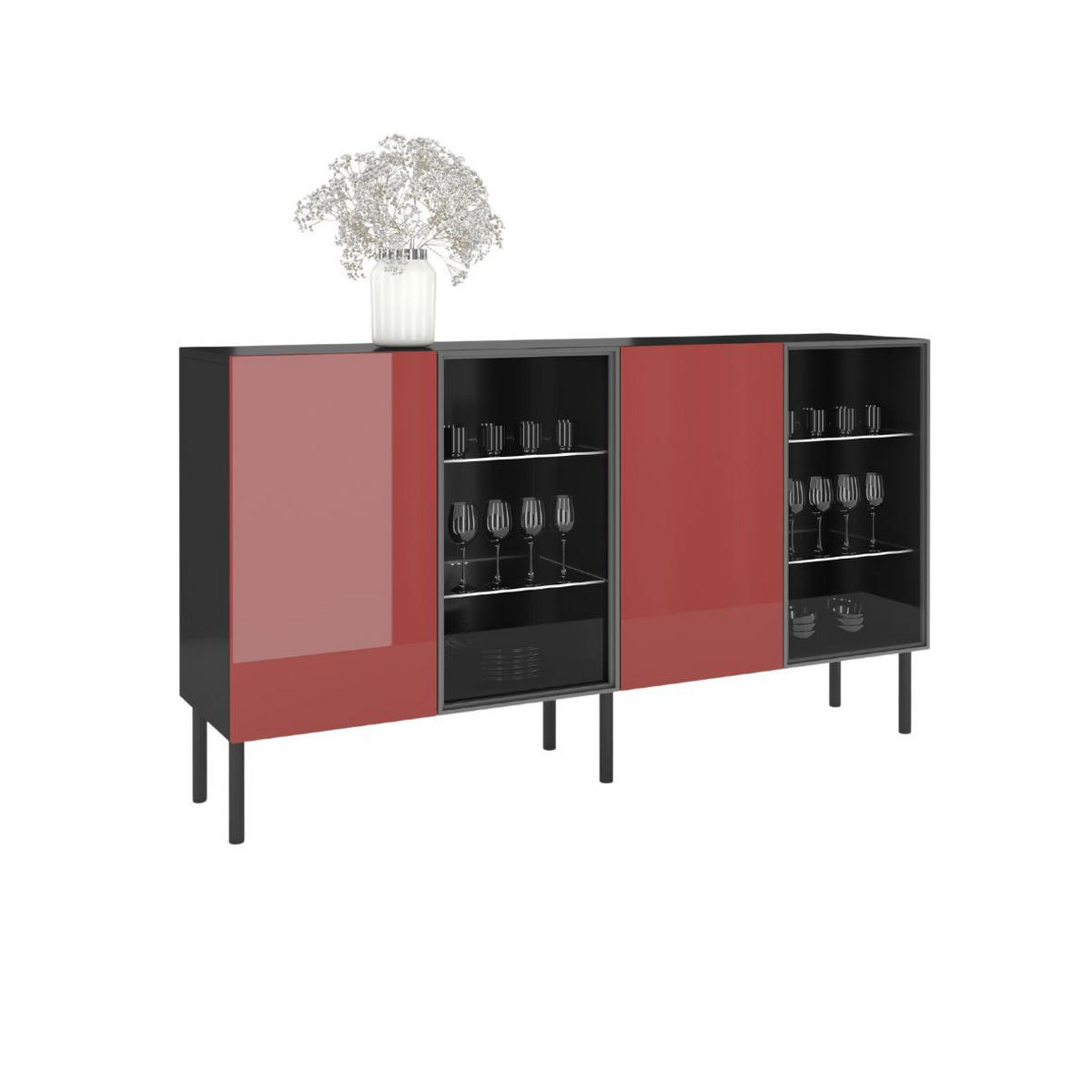 SIDEBOARD Lilka, Glastür, Beleuchtung, Schwarz-Rot, 138 cm - Schwarz, Holzwerkstoff/Metall (138.3/93/38cm) - Skandica