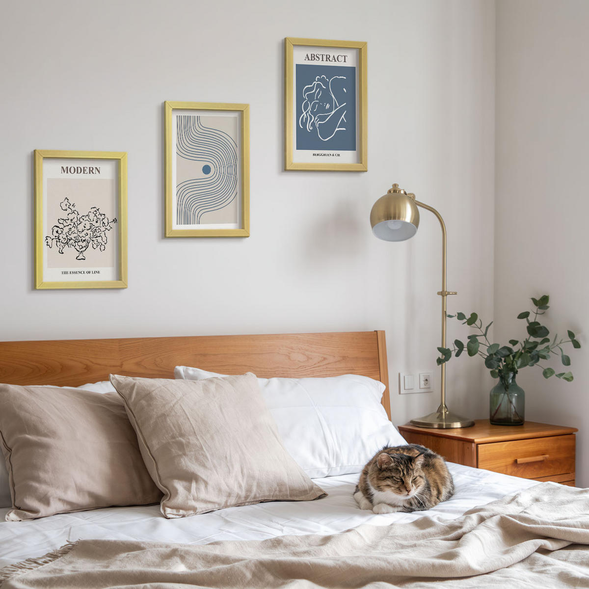 WANDBILDER 3er Set - 20x30 cm Goldrahmen - abstrakte Poster mit Blumenlinien - Goldfarben, Kunststoff (20/30cm) - ArtPrintCave