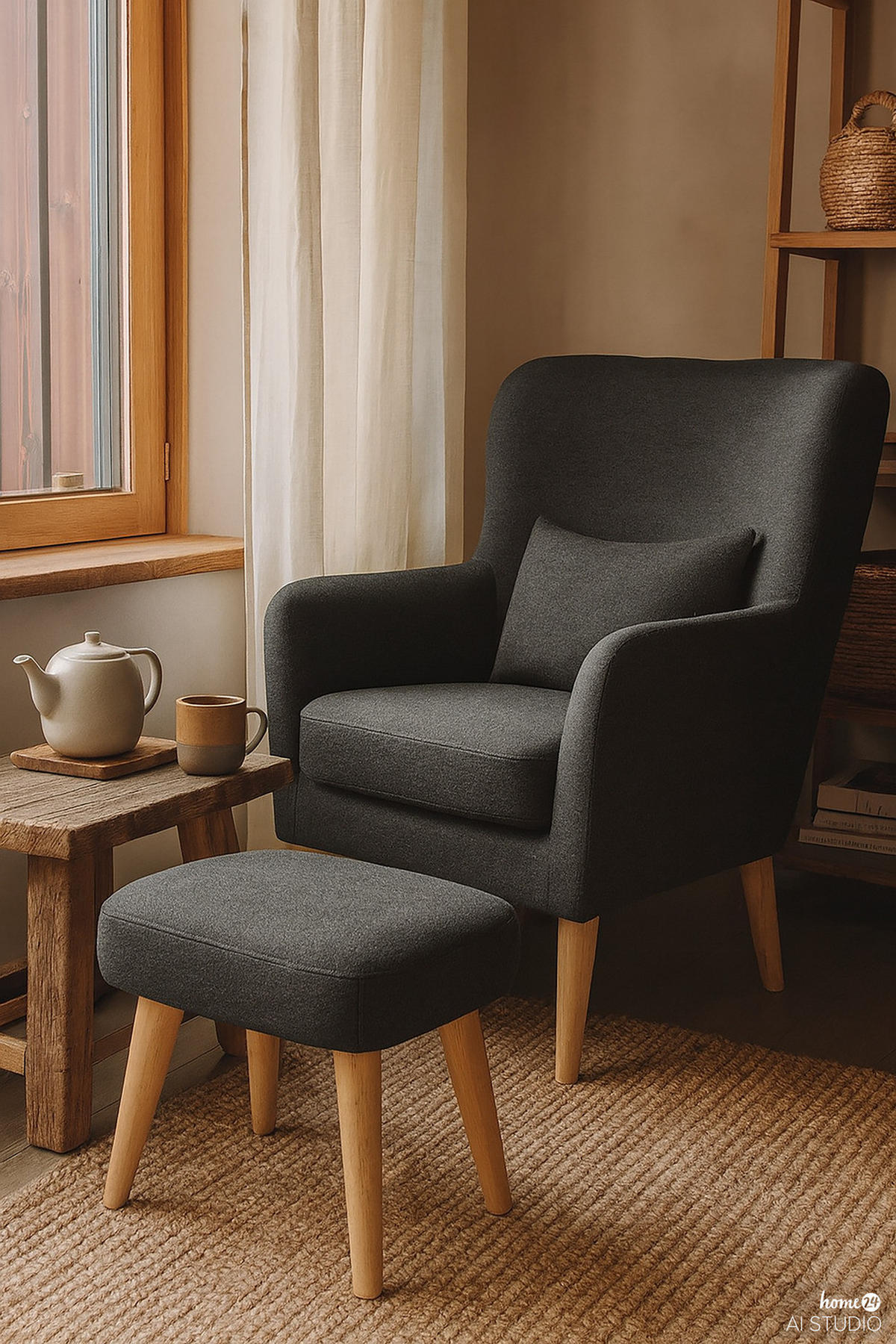 SESSEL mit Hocker - Anthrazit, Textil (75/96/78cm) - home24