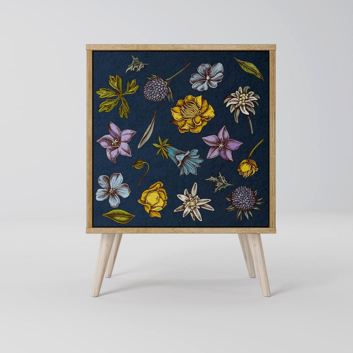 SIDEBOARD FLOWERS ON NAVY BLUE, Grau, 57,5x42x70,5 cm, Schwarze Metall-Sternfüße - Multicolor/Schwarz, Holzwerkstoff/Metall (57.5/70.5/42cm) - SpaceRebels