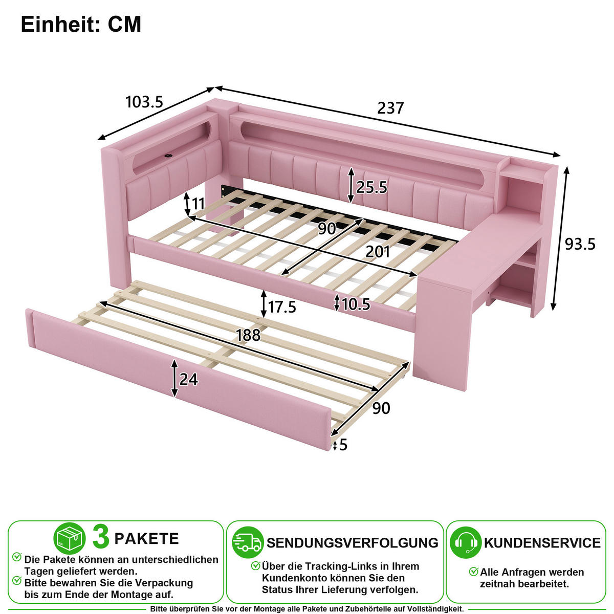 JUGENDBETT 90/200 cm & 90/190 cm in Rosa mit Ausziehbett, LED, USB und Schreibtisch - Rosa, Holzwerkstoff/Textil (90/200cm) - CHICFURN
