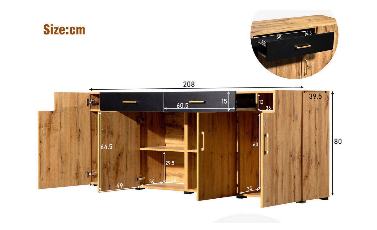 SIDEBOARD Holz- und Schwarzoptik 208/39,5/80 cm - Braun, Holzwerkstoff (39.5/80/208cm) - Urban Meuble