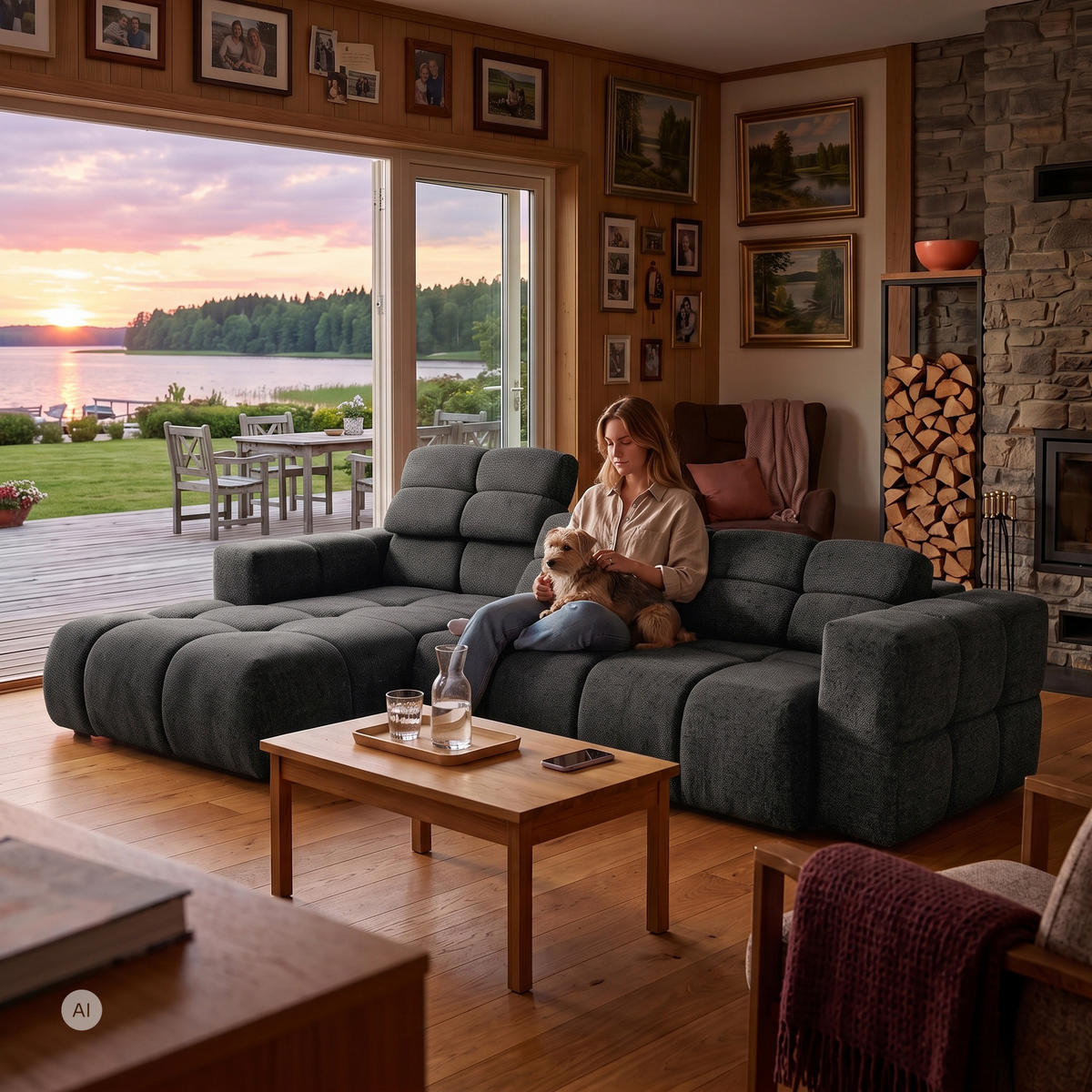 ECKSOFA TENDER Links mit Schlaffunktion und Verstellbare Kopfstützen, Chenille dunkelgrau - Dunkelgrau/Schwarz, Holz/Kunststoff (315/176cm) - Muffo