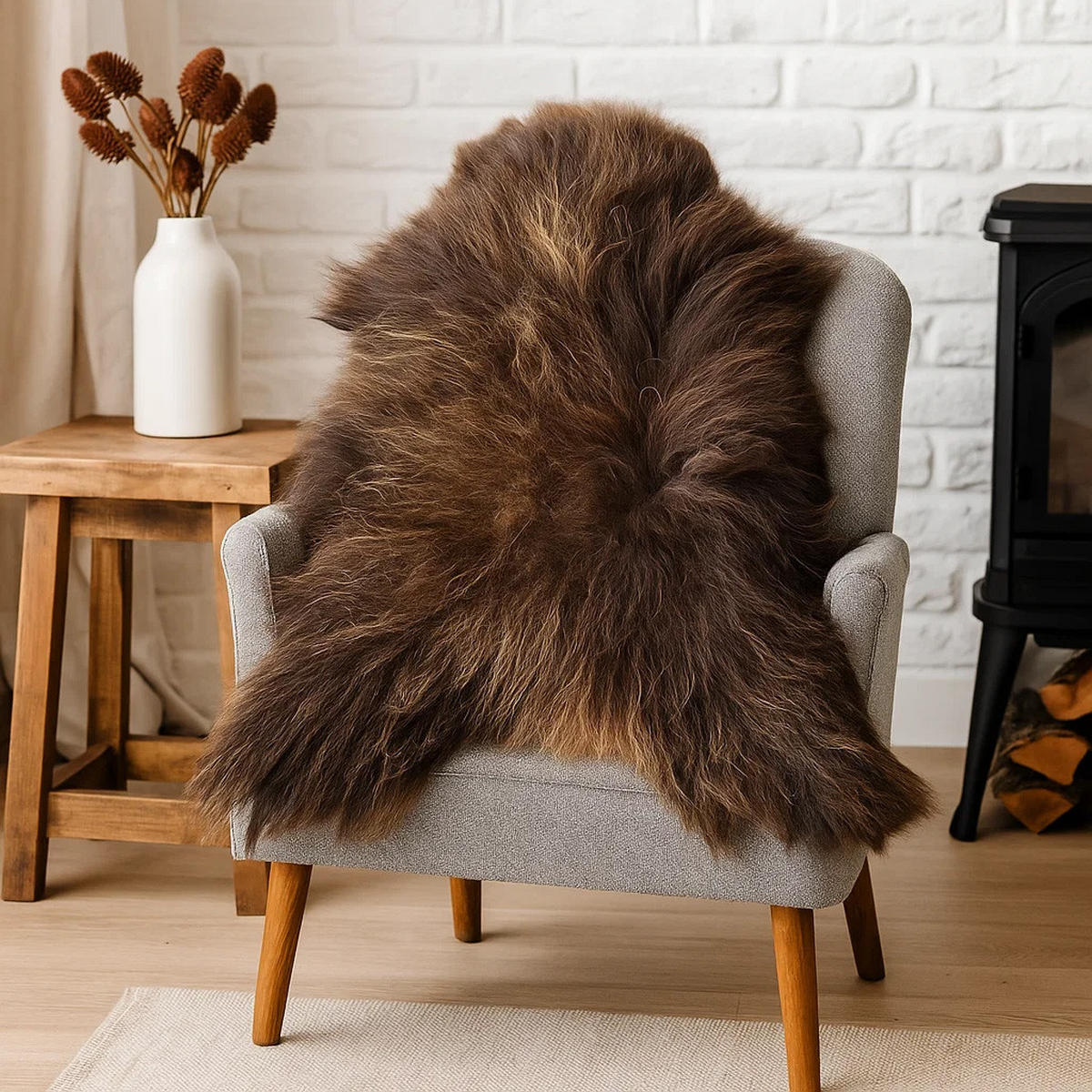 SCHAFFELL Ganzes Island Lammfell Langhaarig Dunkelbraun/Goldbraune Spitzen 100–120 cm - Dunkelbraun/Goldfarben, Fell (70/140cm) - Provellus