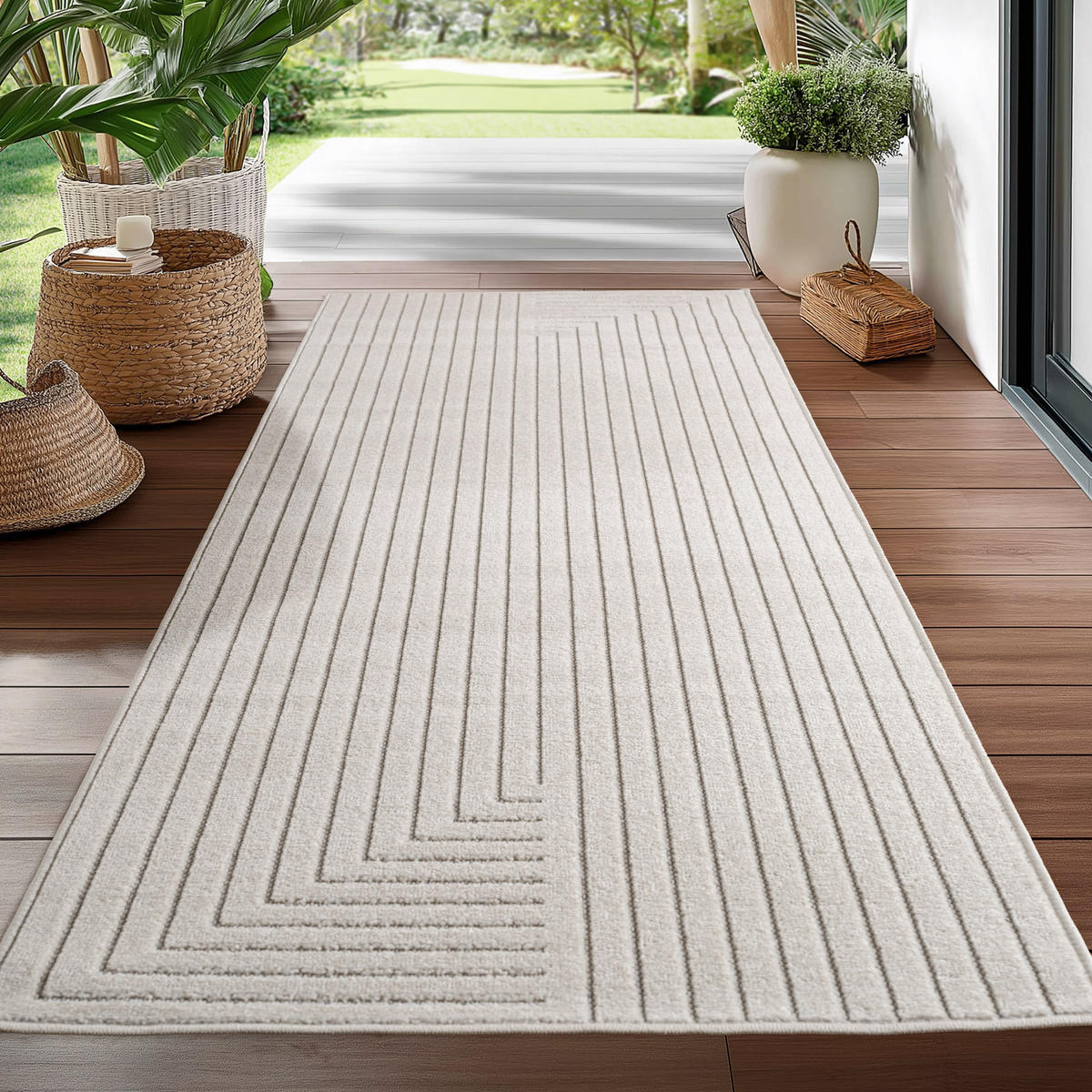 TEPPICH In-/Outdoor Kurzflor Skandinavisch Muster Polypropylen Terrasse Creme Läufer 80x250 - Creme, Textil (80/250cm) - KADIMA DESIGN