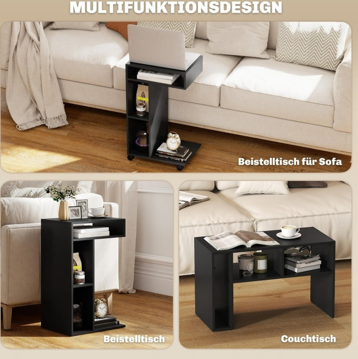 BEISTELLTISCH aus melaminbeschichteter Spanplatte 40x30x69 cm Schwarz in C-Form mit 4 Rollen und 3 Fächern - Schwarz, Holz (30/40/69cm) - Modfu