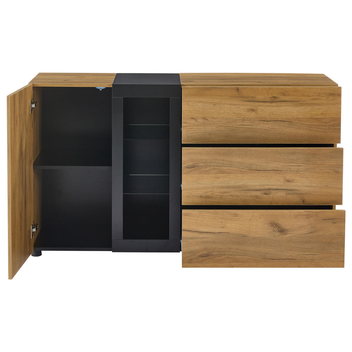 SIDEBOARD mit LED App-Steuerung Vitrine 60.000 Farben 3 Schubladen Glas 120 cm Spanplatte Buffetschrank - Schwarz/Braun, Glas/Holzwerkstoff (140/80/40cm) - EVRYAE