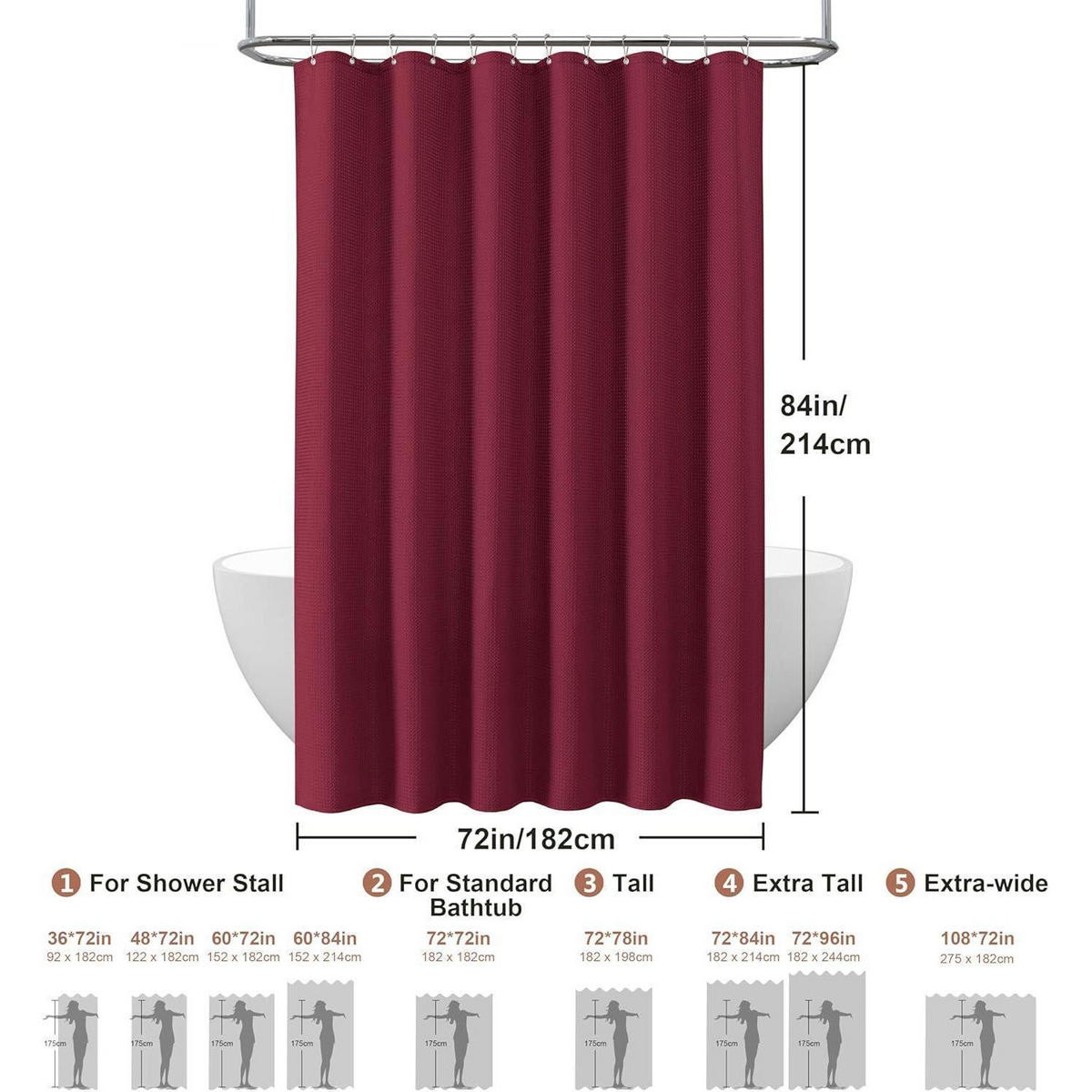 DUSCHVORHANG Waffelstoff Burgunderrot 182 x 214 cm - Bordeaux, Textil (182/214cm)