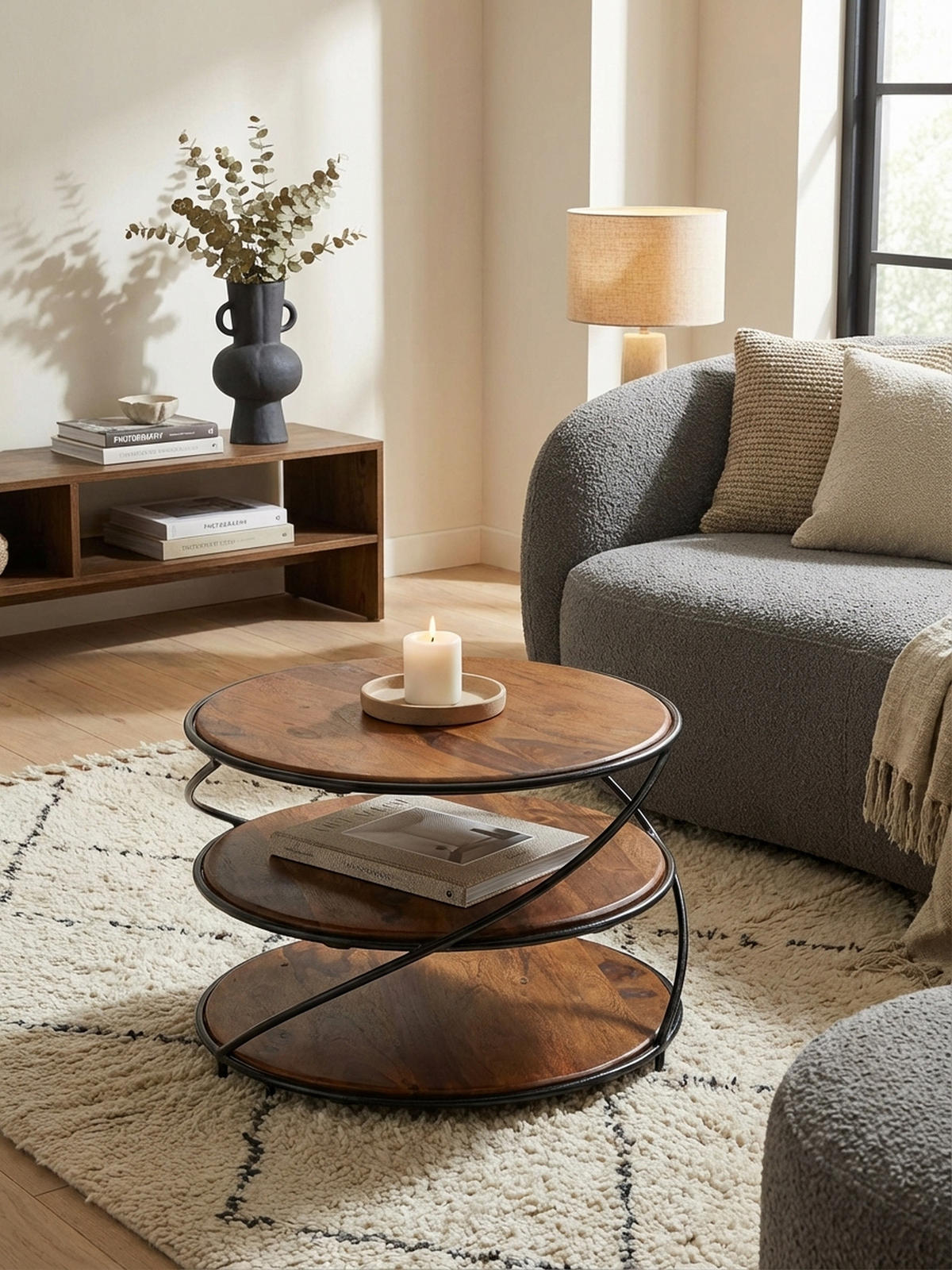 COUCHTISCH aus Sheesham-Massivholz, 58x58 cm, mit 3 Ablageflächen und außergewöhnlichem Design - Schwarz/Braun, Holz/Metall (58/58/40cm) - KADIMA DESIGN