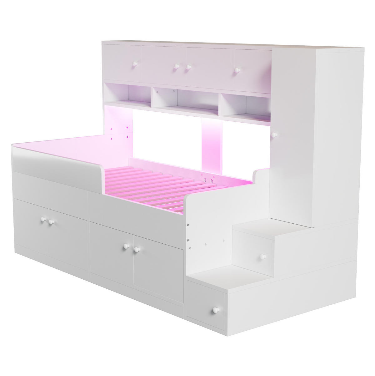 KINDERBETT 90/200 cm weiß aus Holz mit Stauraum, Schrank und LED - Weiß, Holzwerkstoff (90/200cm) - OKWISH