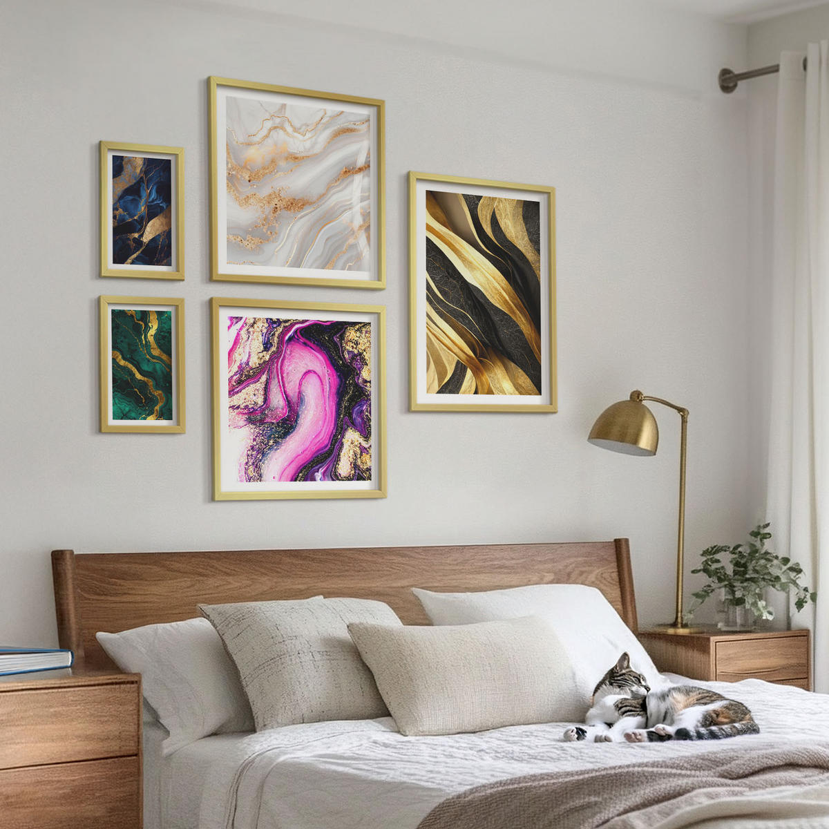 WANDBILDER 5er Set - 50x50 cm & 20x30 cm & 40x60 cm Goldrahmen - Abstrakter Marmor mit Farben - Goldfarben, Kunststoff (40/60cm) - ArtPrintCave