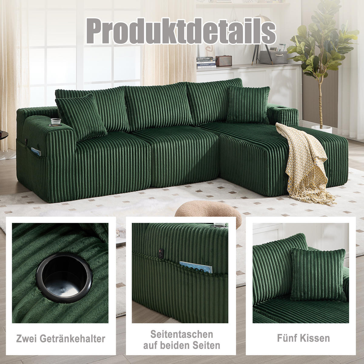 ECKSOFA 257/90-160/62 cm smaragdgrün aus Cord mit Cupholdern - Smaragdgrün, Textil (160/257cm) - OKWISH