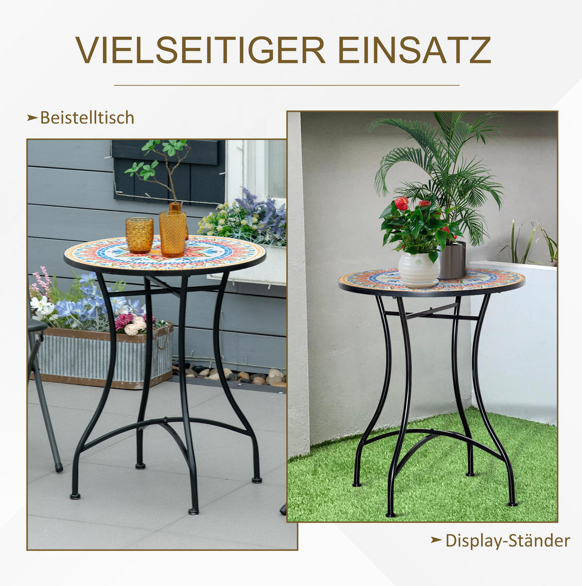 GARTENTISCH Ø60/71 cm aus Metall mit Mosaik-Tischplatte und pflegeleichter Oberfläche, Rot - Naturfarben, Metall (60/60/71cm) - Redom