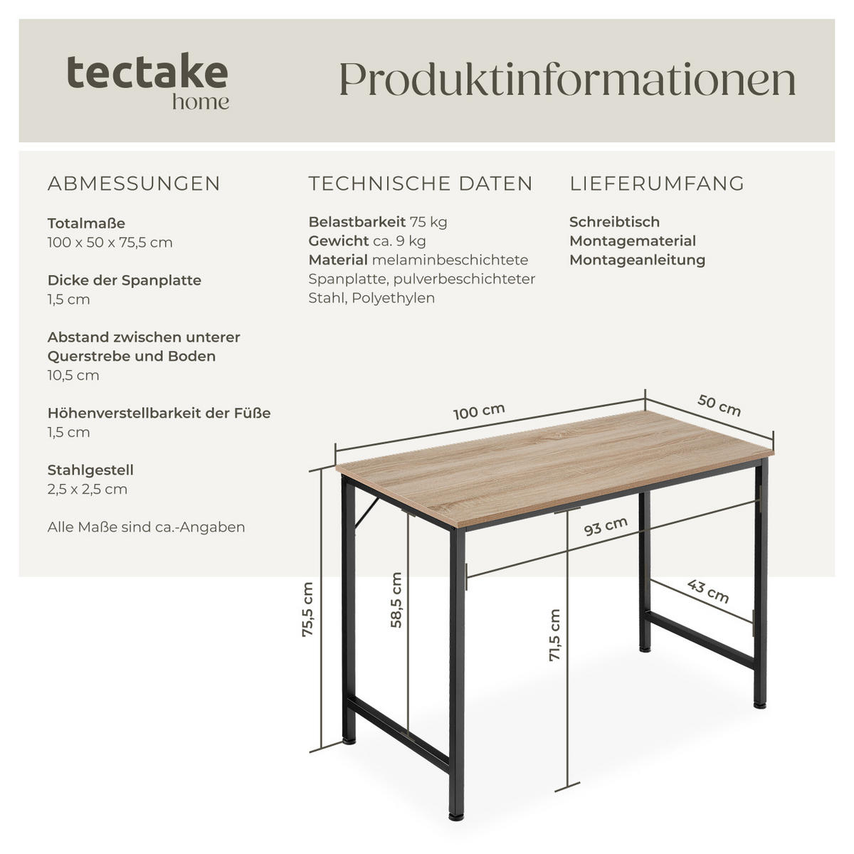 SCHREIBTISCH Jenkins, Höhe 75, 5 cm, Industrial Holz hell, Eiche Sonoma - Naturfarben, Holzwerkstoff (50/100/75.5cm) - tectake