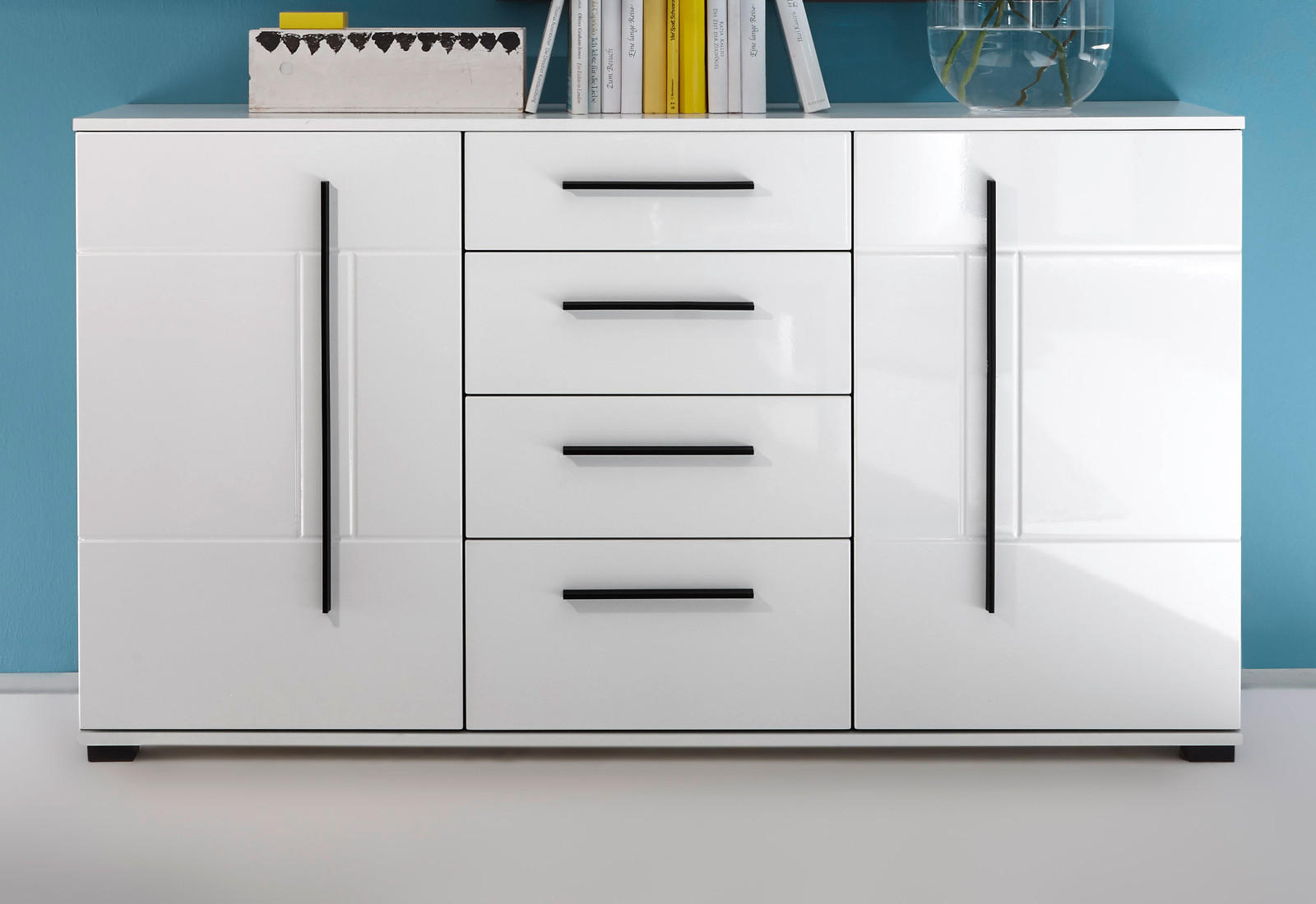 SIDEBOARD weiß Hochglanz 150 cm, Kommode mit Soft-Close - Weiß Hochglanz/Schwarz, Holzwerkstoff/Kunststoff (150/86/42cm) - Furn.Design