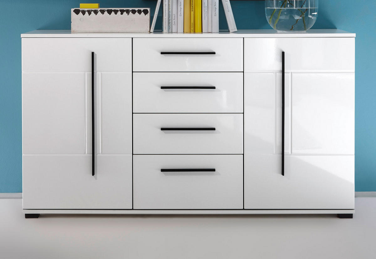 SIDEBOARD weiß Hochglanz 150 cm, Kommode mit Soft-Close - Weiß Hochglanz/Schwarz, Holzwerkstoff/Kunststoff (150/86/42cm) - Furn.Design