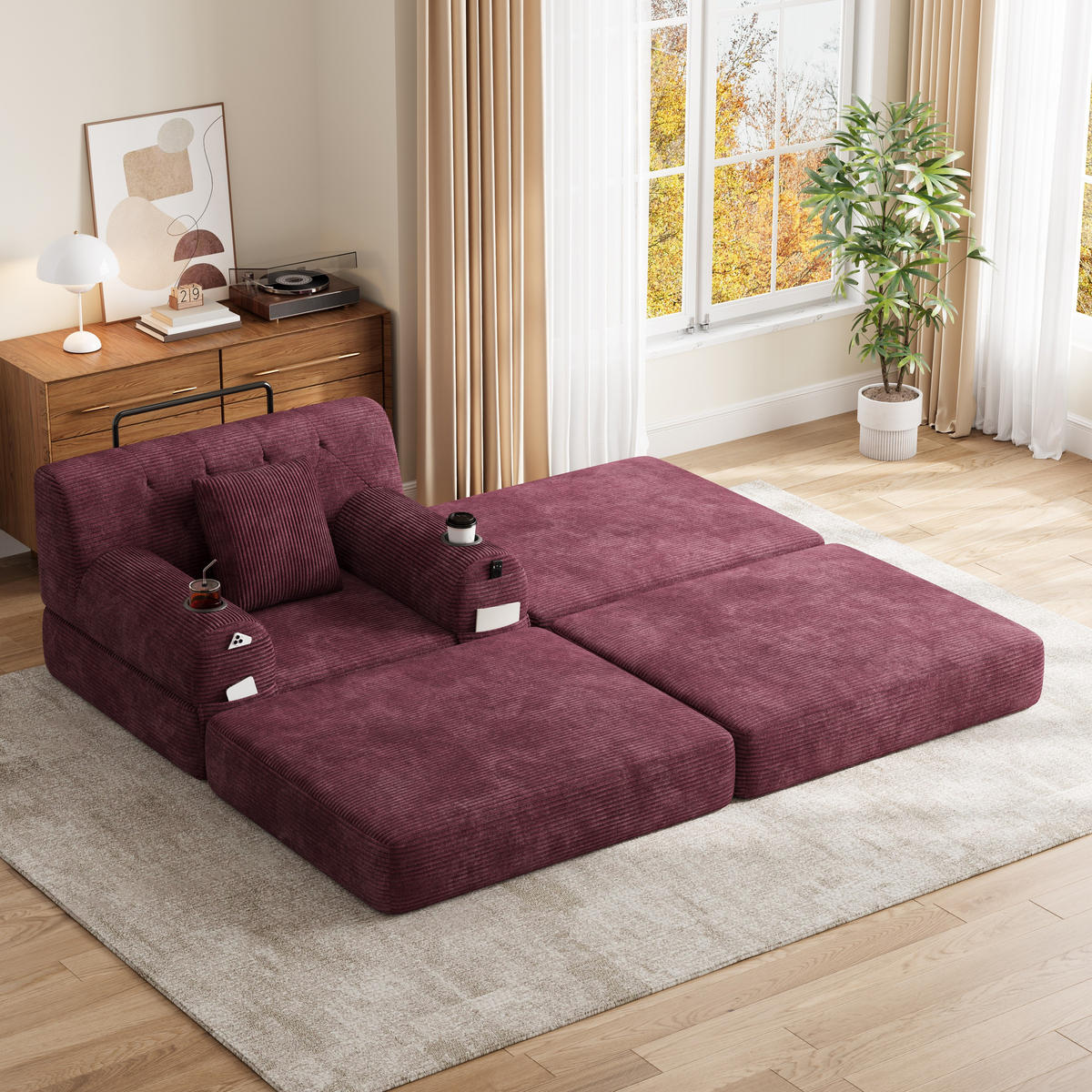 SCHLAFSOFA mit Hocker, Liegefunktion, Getränkehaltern und Seitentaschen in Weinrot aus Cord - Weinrot, Textil (191/60/162cm) - EVRYAE