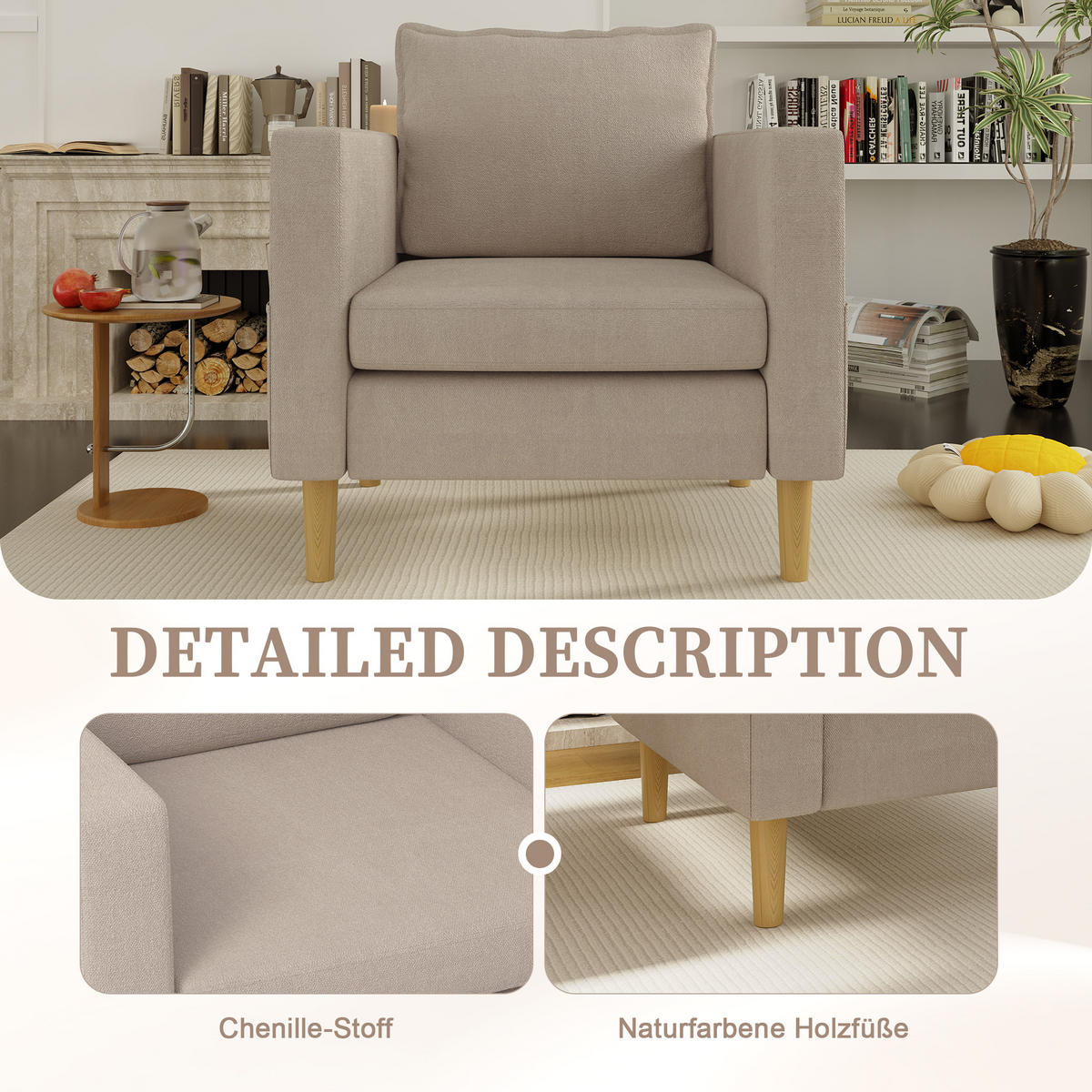 SESSEL Chenille Khaki mit Seitentasche und Kissen - Hellbraun, Holz/Holzwerkstoff (71/82/68cm) - WISHDOR