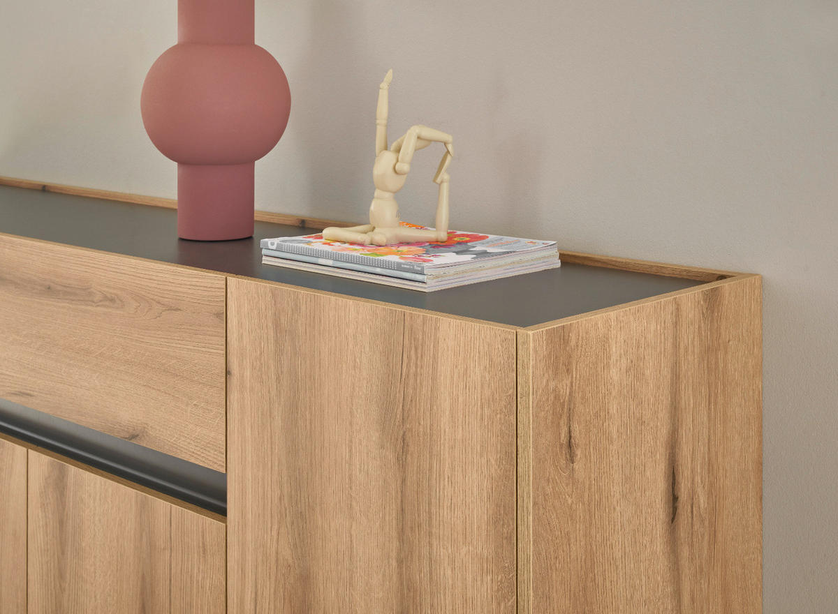 SIDEBOARD Eiche Evoke, grau 170 cm, Kommode 4-türig - Eichefarben/Schwarz, Holz/Holzwerkstoff (170/87/40cm) - Furn.Design