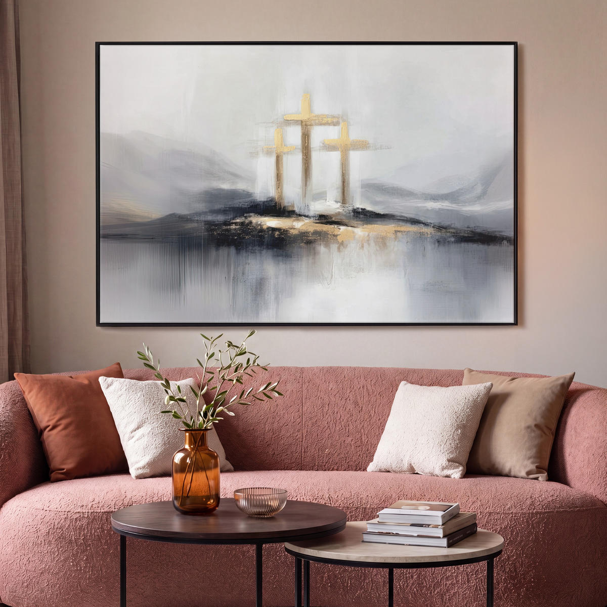 LEINWAND Bilder mit Rahmen - Abstrakt - Malerei - Christentum - Kreuz - 150x100 - Weiß, Textil (150/100cm) - MuchoWow