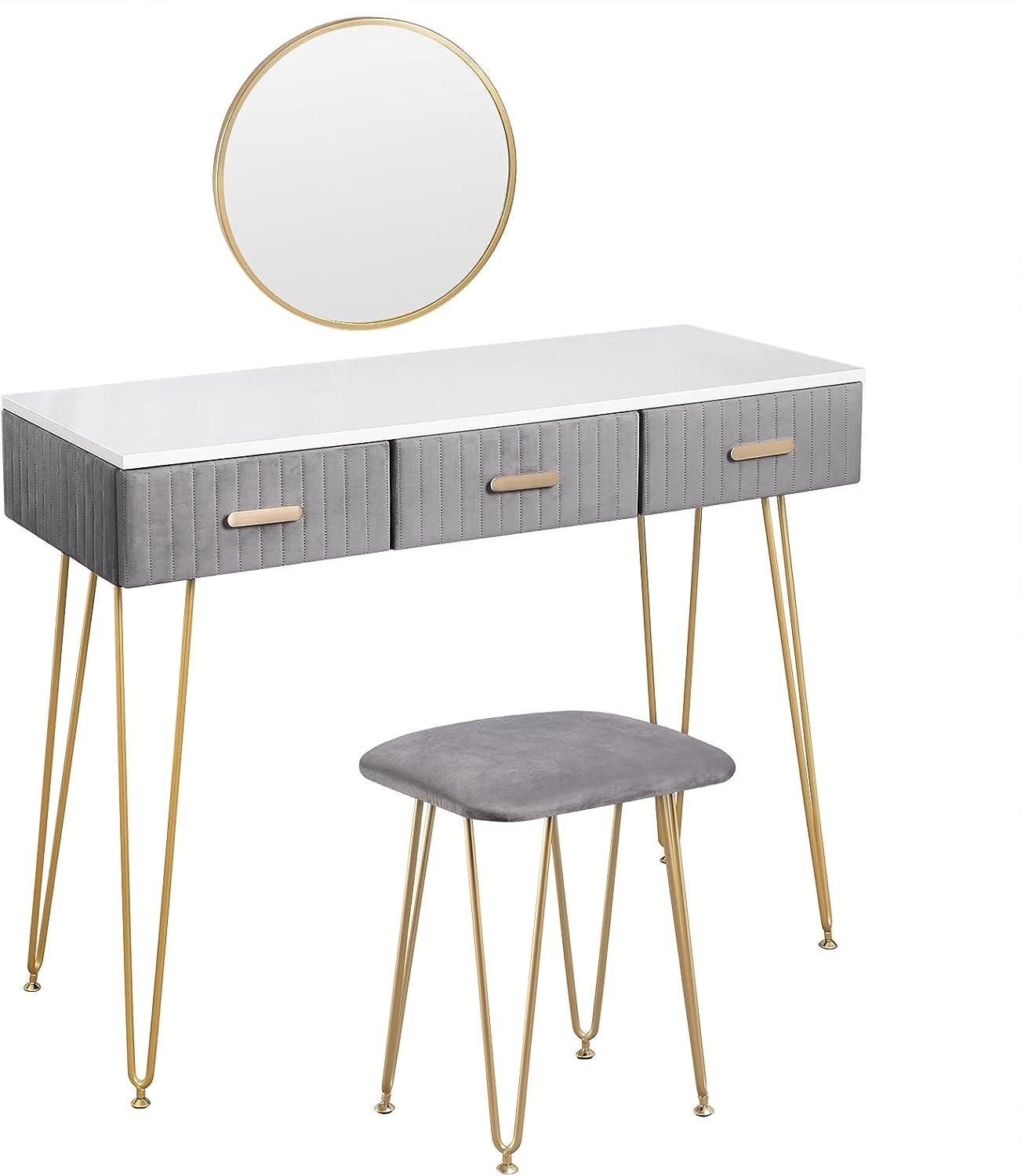 SCHMINKTISCH mit Hocker Spiegel - Goldfarben/Grau, Holzwerkstoff/Metall (100/77.5/40cm) - Woltu