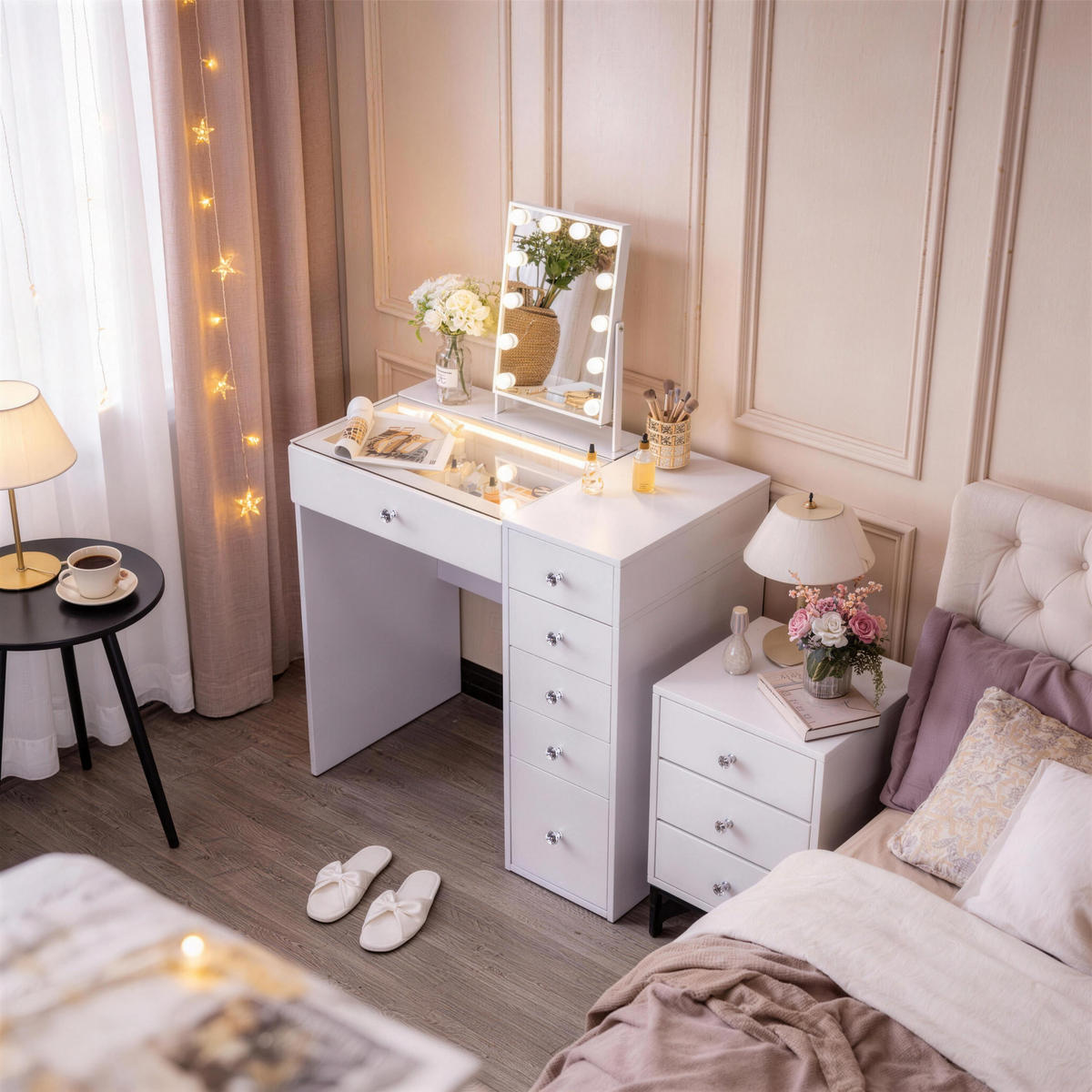SCHMINKTISCH mit 6 Schubladen 92/55/81 CM und LED Beleuchtung Schminkspiegel 30 x 41 CM - Weiß, Holz (55/81/92cm) - VANITII