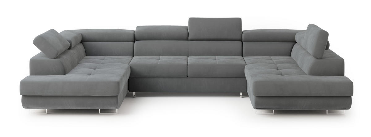 WOHNLANDSCHAFT RAGGIO Grau Velours-Stoff mit Schlaffunktion - Grau, Holz (336/90/202cm) - MASSENO