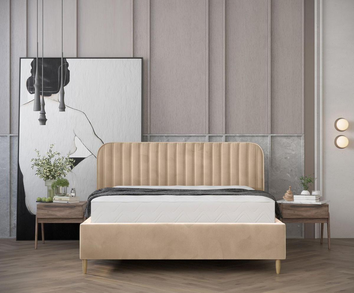 POLSTERBETT Noto Beige 160/200 cm im Samtstoff - Beige/Naturfarben, Holz/Holzwerkstoff (160/200cm) - Maison de Reve