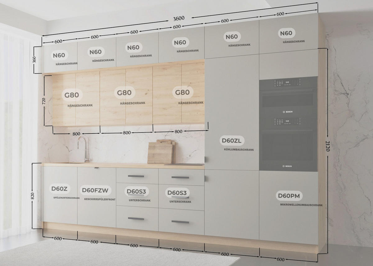 KÜCHENZEILE 360 cm - Nexa K50-G360 - in Beige & Woodline / Matt - Beige/Schwarz, Holz/Metall (360/212/582cm) - ROYAL24_MARKT