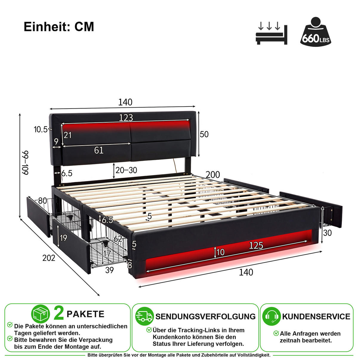 POLSTERBETT 140/200 cm in Schwarz mit 4 Schubladen, LED und USB Kunstleder - Schwarz, Holzwerkstoff/Textil (140/200cm) - CHICFURN