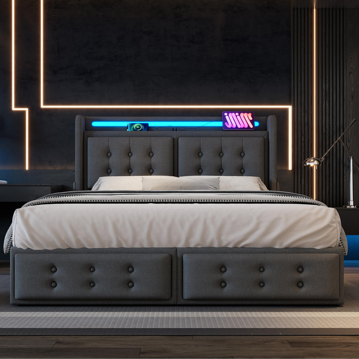 POLSTERBETT aus Baumwoll-Leinen 140x200 cm in Grau mit LED & USB-C-Ladefunktion - Grau, Textil (140/200cm) - Modfu