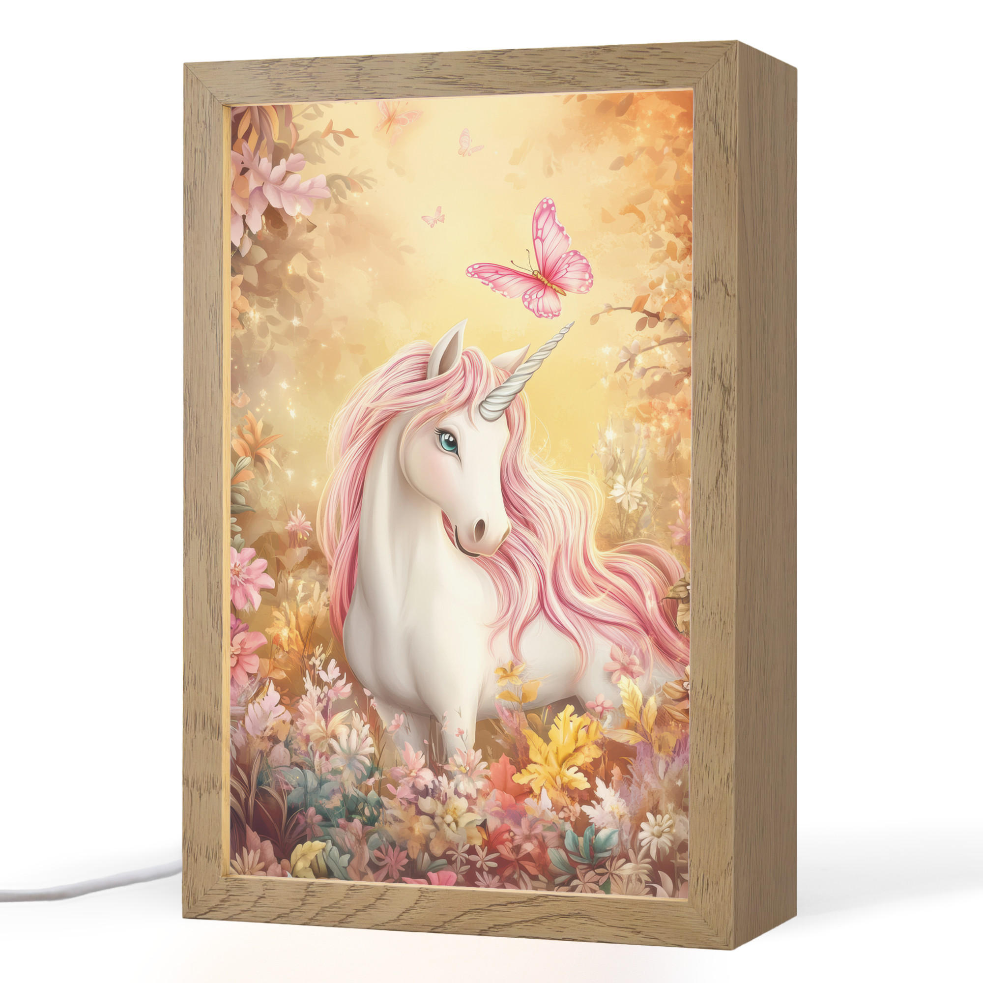 NACHTTISCHLAMPE Einhorn - Blumen - Schmetterling - Rosa 20x30 cm - Beige, Holzwerkstoff (8/20/30cm)