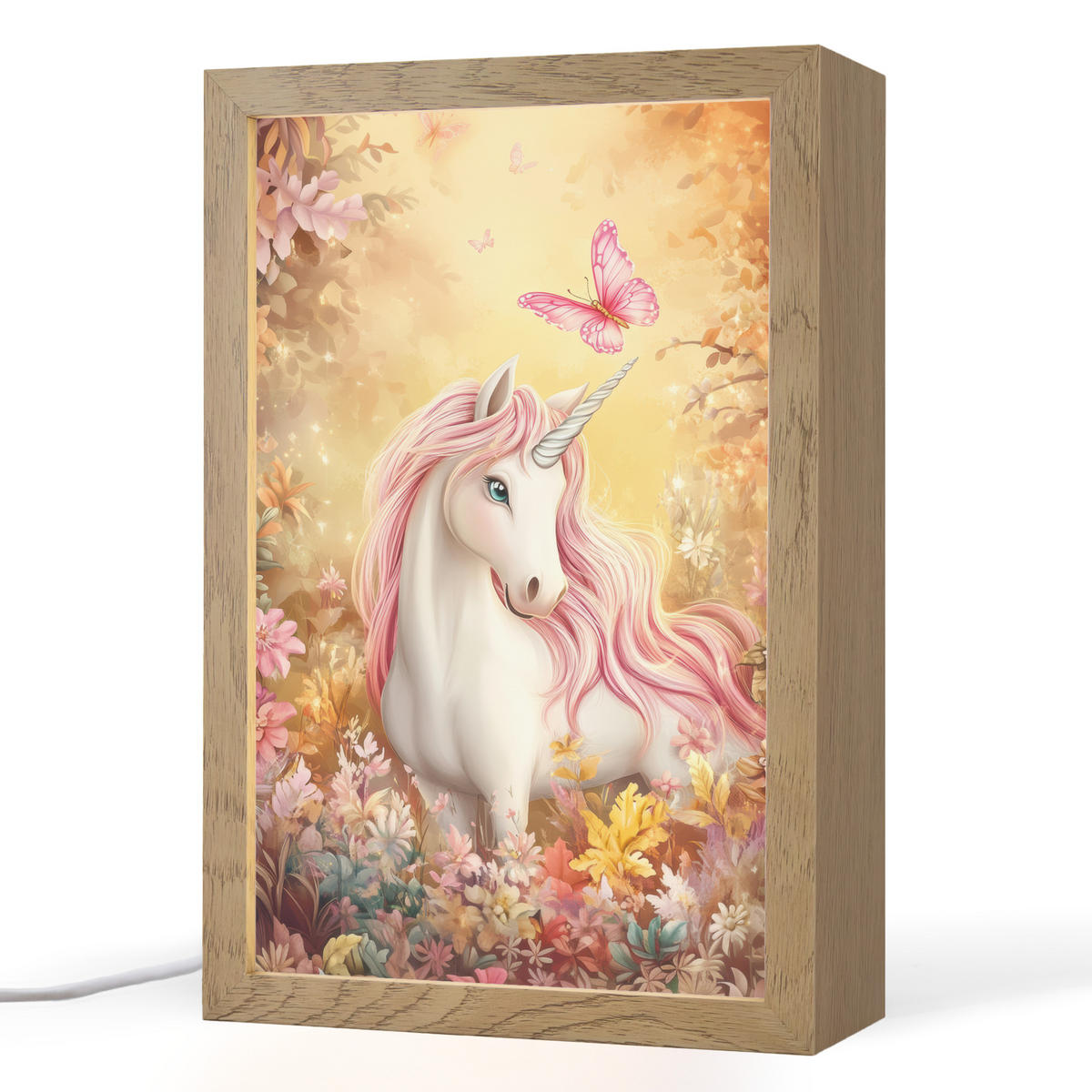 NACHTTISCHLAMPE Einhorn - Blumen - Schmetterling - Rosa 20x30 cm - Beige, Holzwerkstoff (8/20/30cm)