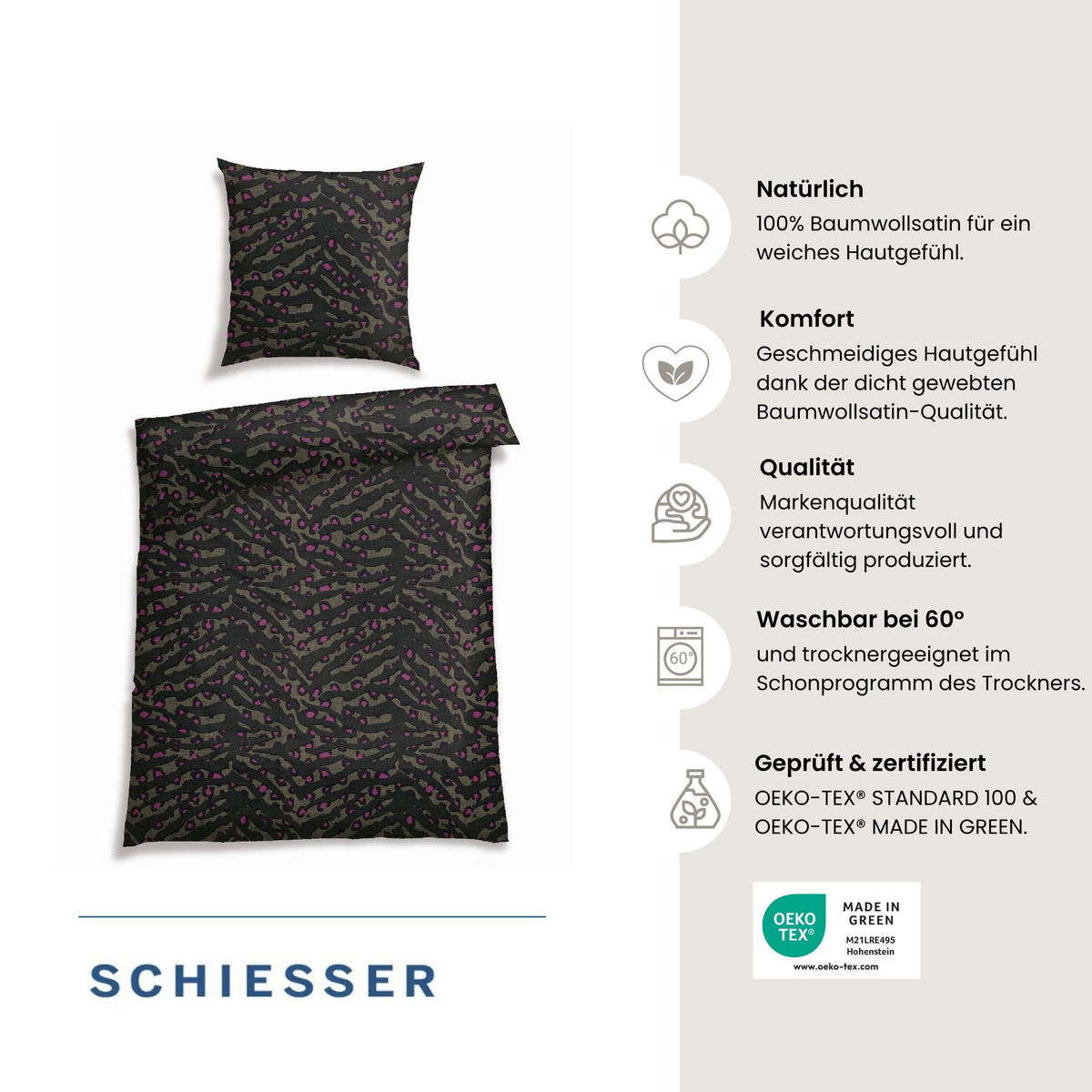 BETTWÄSCHESET Roan - Baumwollsatin - 2-teilig - 135x200 cm - Schwarz-Oliv - Olivgrün, Textil (135/200cm) - SCHIESSER
