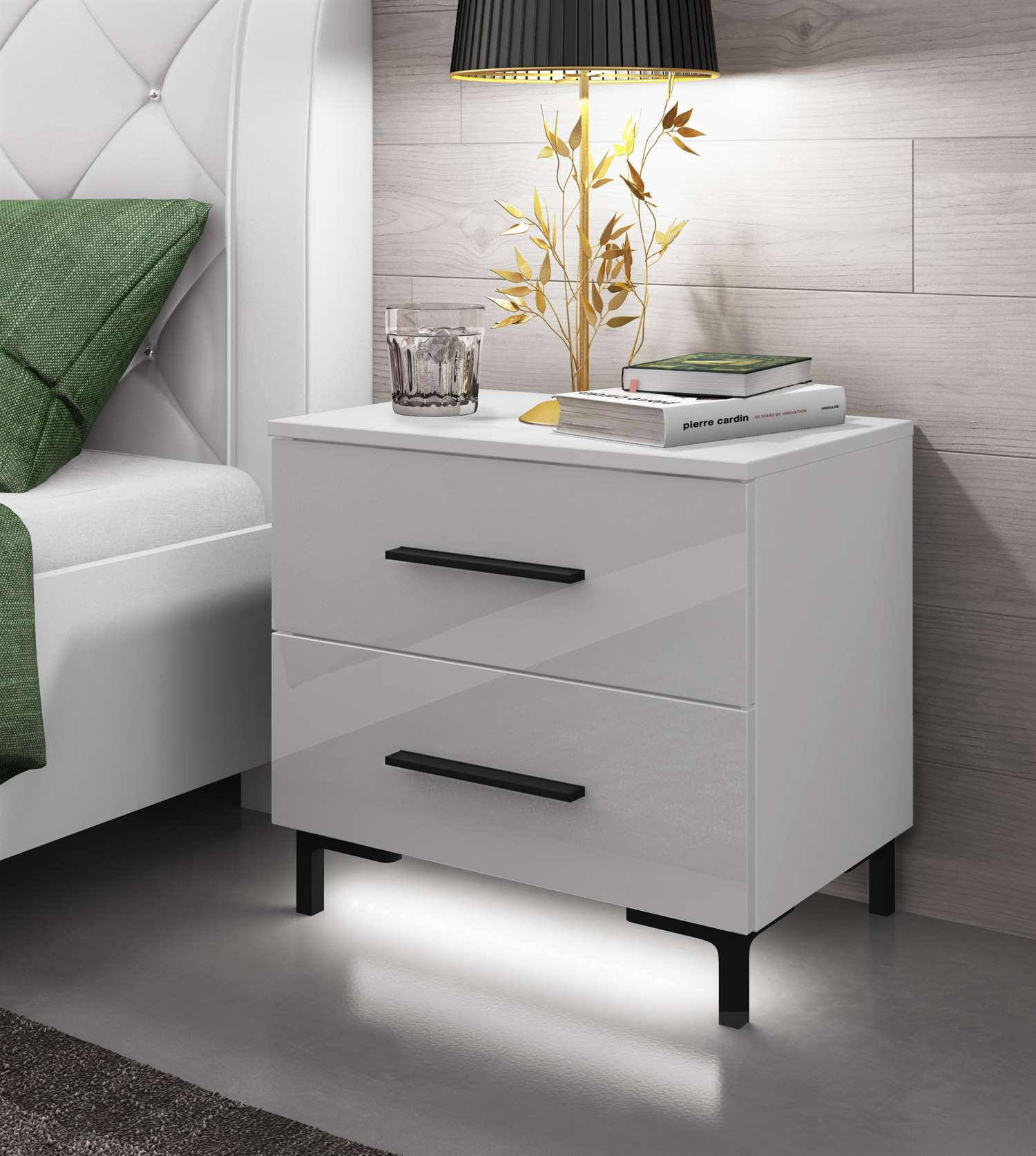 NACHTTISCH LINA mit Beinen, Hochglanz, LED - Weiß, Holzwerkstoff (55/52/37cm) - Lookway