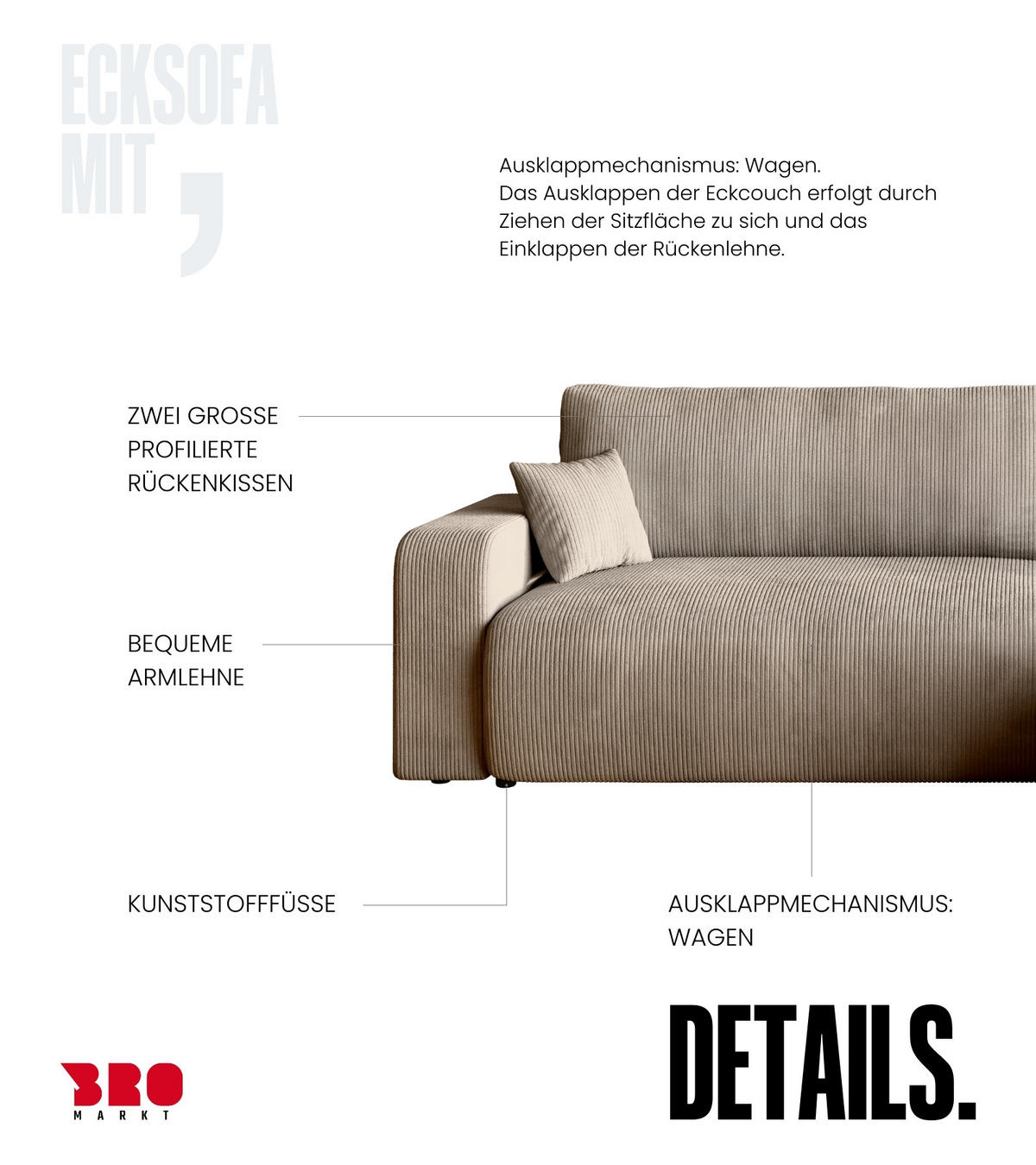 ECKSOFA PUMI XL mit Schlaffunktion Beige Cord - Beige, Textil (274/148cm) - Bromarkt