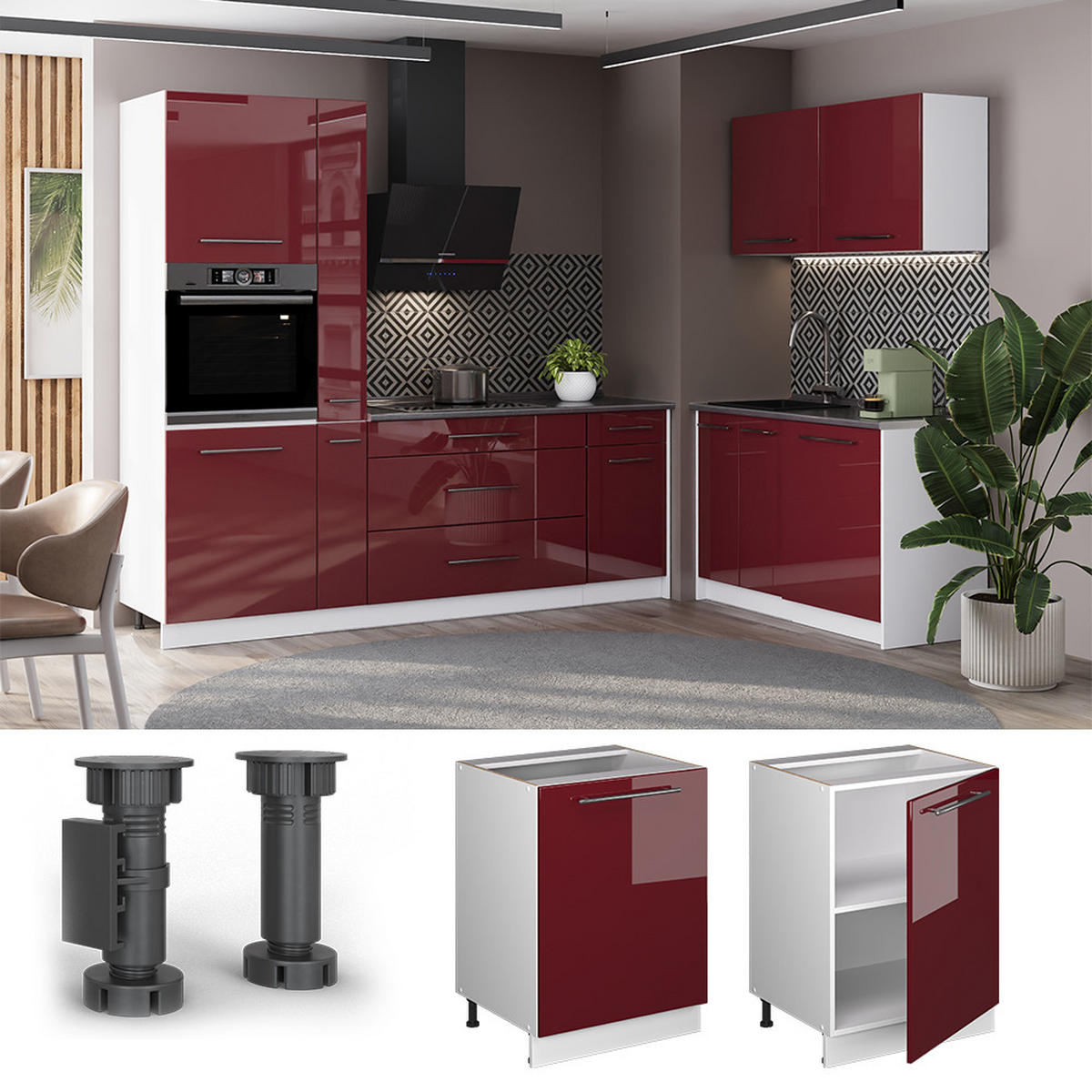 SPODNÍ SKŘÍŇKA KUCHYŇSKÉ LINKY Fame-Line, Bordó červená vysoký lesk/Bílá, 60 cm 1 dvířka s pracovní deskou - bílá/bordeaux, kompozitní dřevo (60/82/60cm) - Vicco