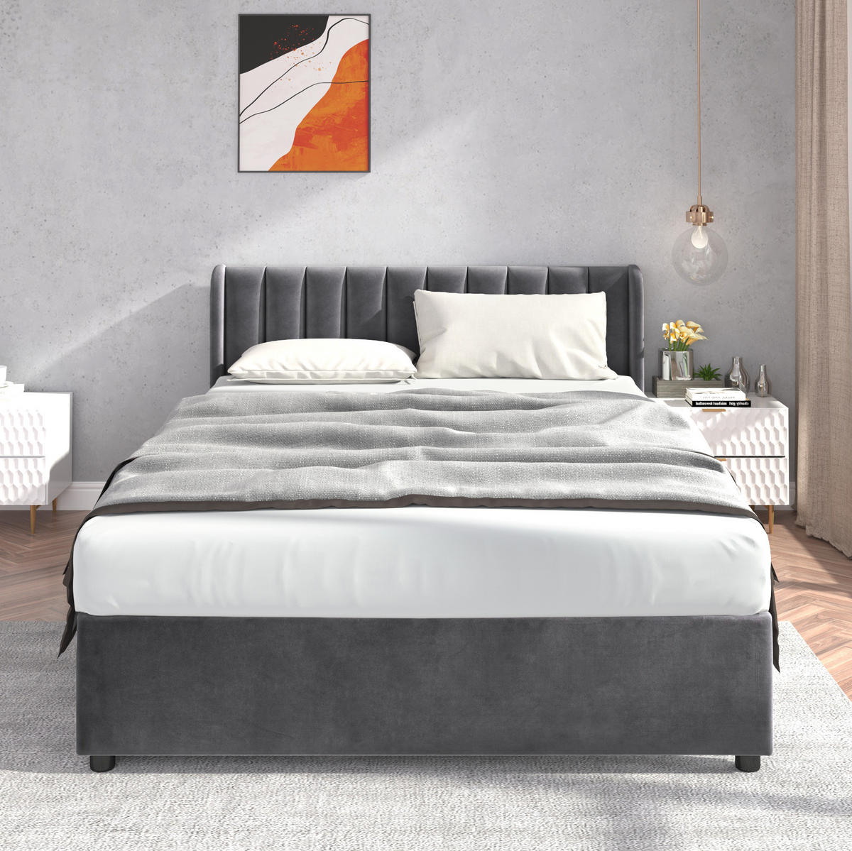 BETT mit 2 Schubladen 160x200 cm Samt Grau - Grau, Holz (160/200cm) - Meubliv