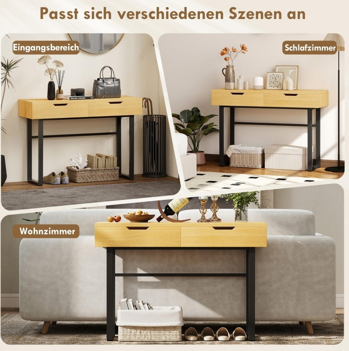 KONZOLNI stol 110/35/76,5 cm boja prirodnog drva od drva i metala s 2 ladice - prirodne boje, drvo (110/35/76.5cm) - OKWISH
