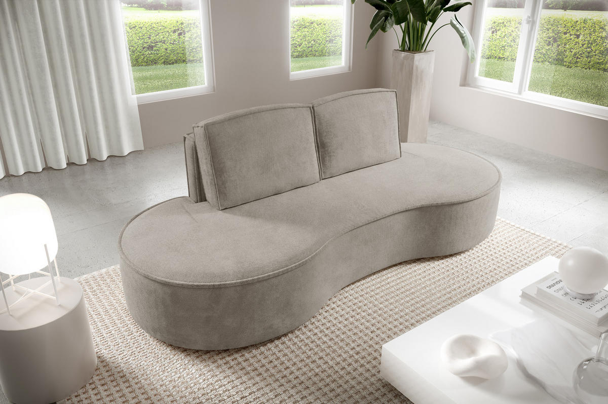 SOFA Molly – Freistehendes halbrundes Designsofa mit zwei eleganten, abnehmbaren RückenKissen, Curio Stoff, Größe: 234x101x88 cm, Esche - Silberfarben, Holz/Textil (234/88/101cm) - DomoHome