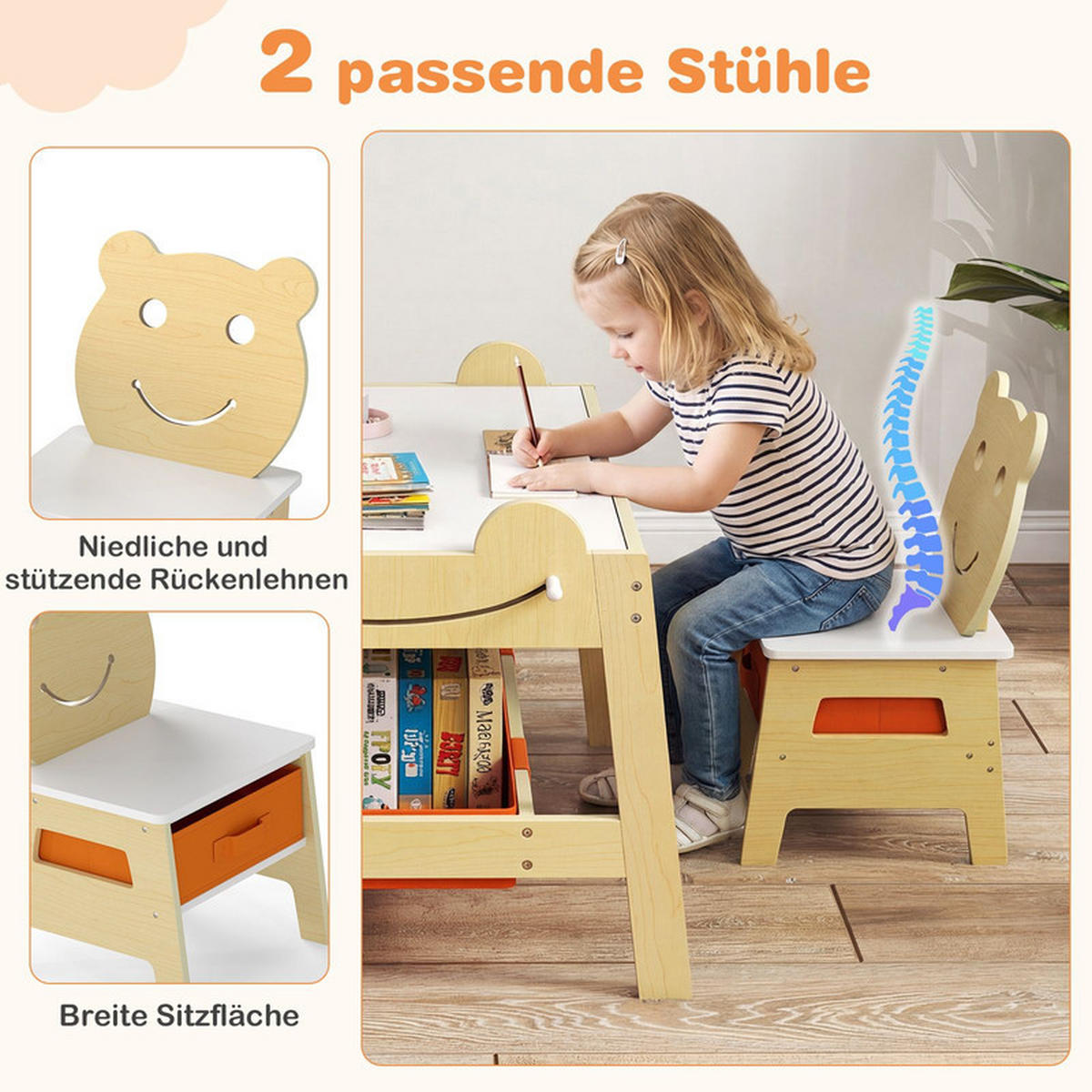 KINDERTISCH mit stuhl natur(3-tlg) - Naturfarben, Holzwerkstoff (70/50/60.5cm) - COSTWAY