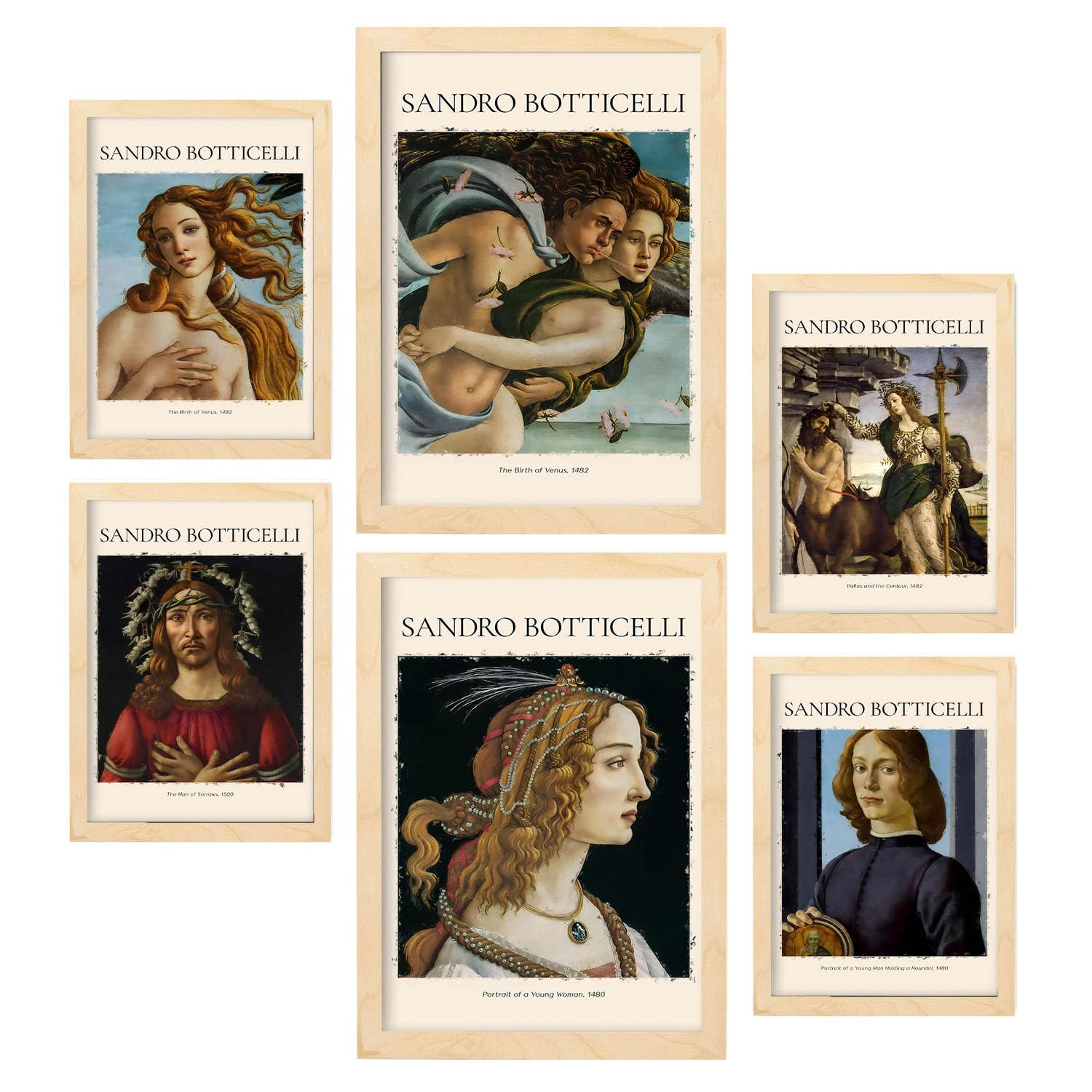 POSTER Set Mit 6 Sandro Boticelli 2 Sammlung A3 & A4 Rahmen Aus Hellem Holz - Beige, Papier (29/3cm) - Nacnic