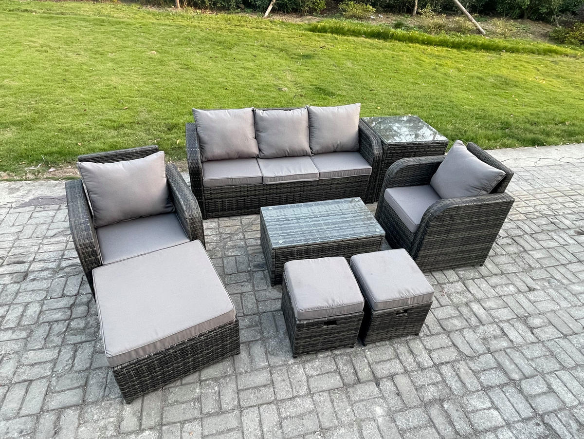 GARTENMÖBELSET mit Couchtisch Polyrattan 8-Sitzer - Dunkelgrau/Grau, Glas/Kunststoff - Fimous