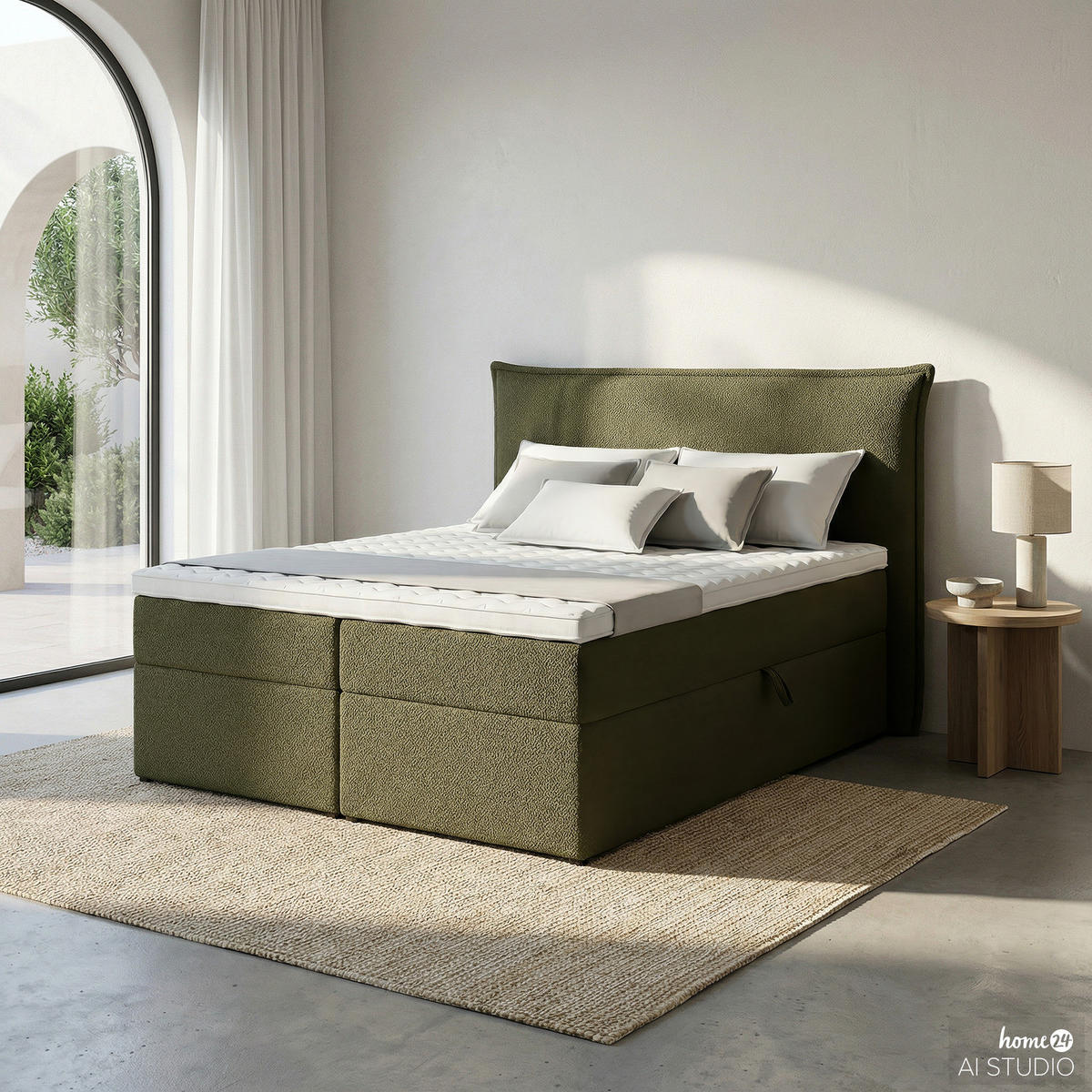 BOXBETT mit Stauraum - Bouclé - Olivgrün, Holzwerkstoff/Textil (160/200cm) - home24