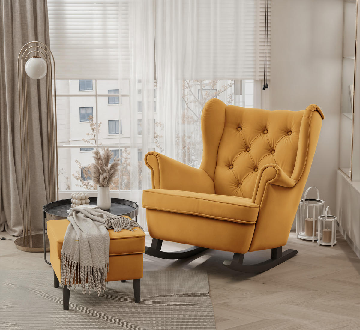 SCHAUKELSESSEL SCANDI Holzfüße, Samt Gelb - Gelb, Holz/Textil (75/97/60cm) - Idohome