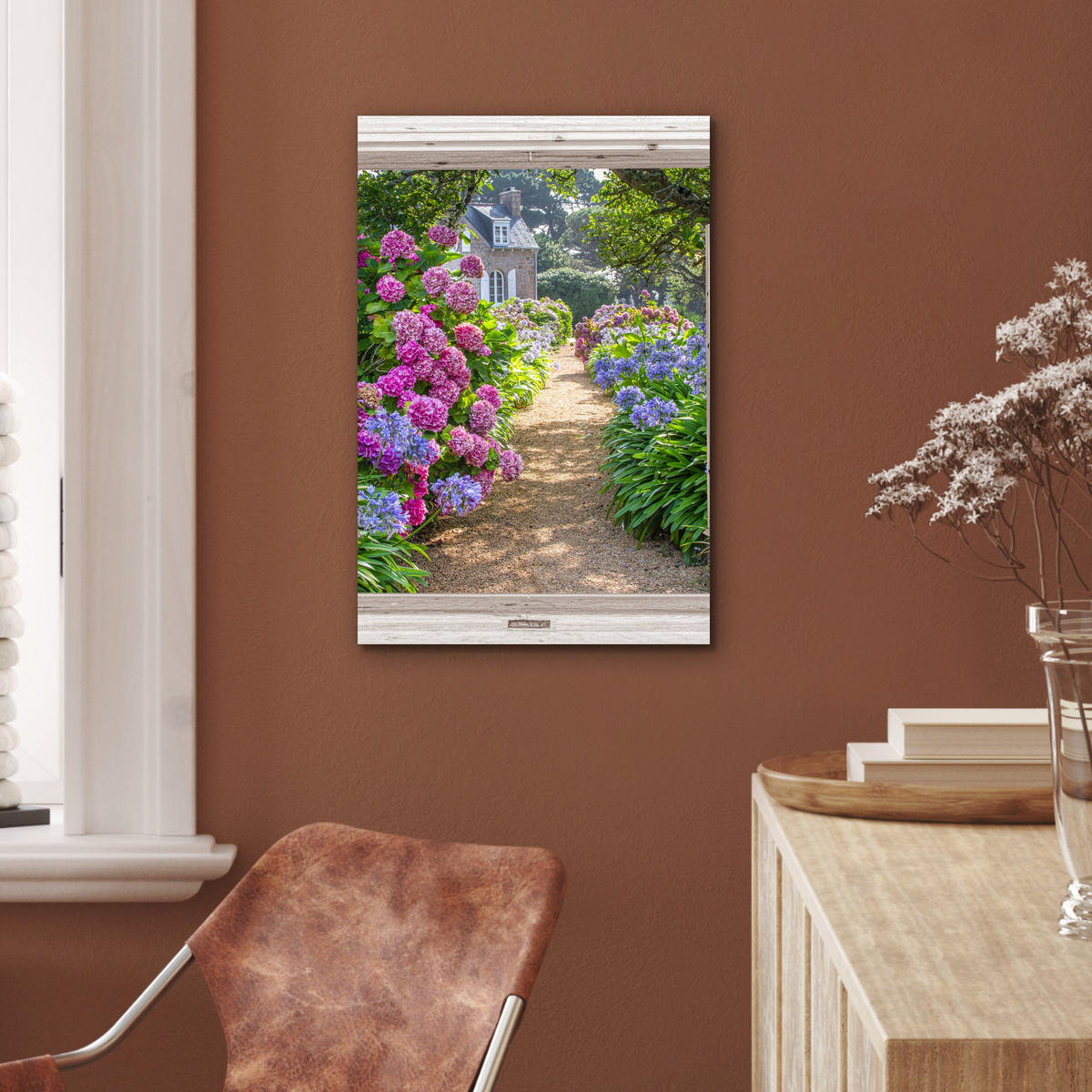 METALLBILD Hortensie - Fensterblick - Blumen - Sommer - Lila - Weg 40x60 cm - Lila, Metall (40/60cm) - MuchoWow