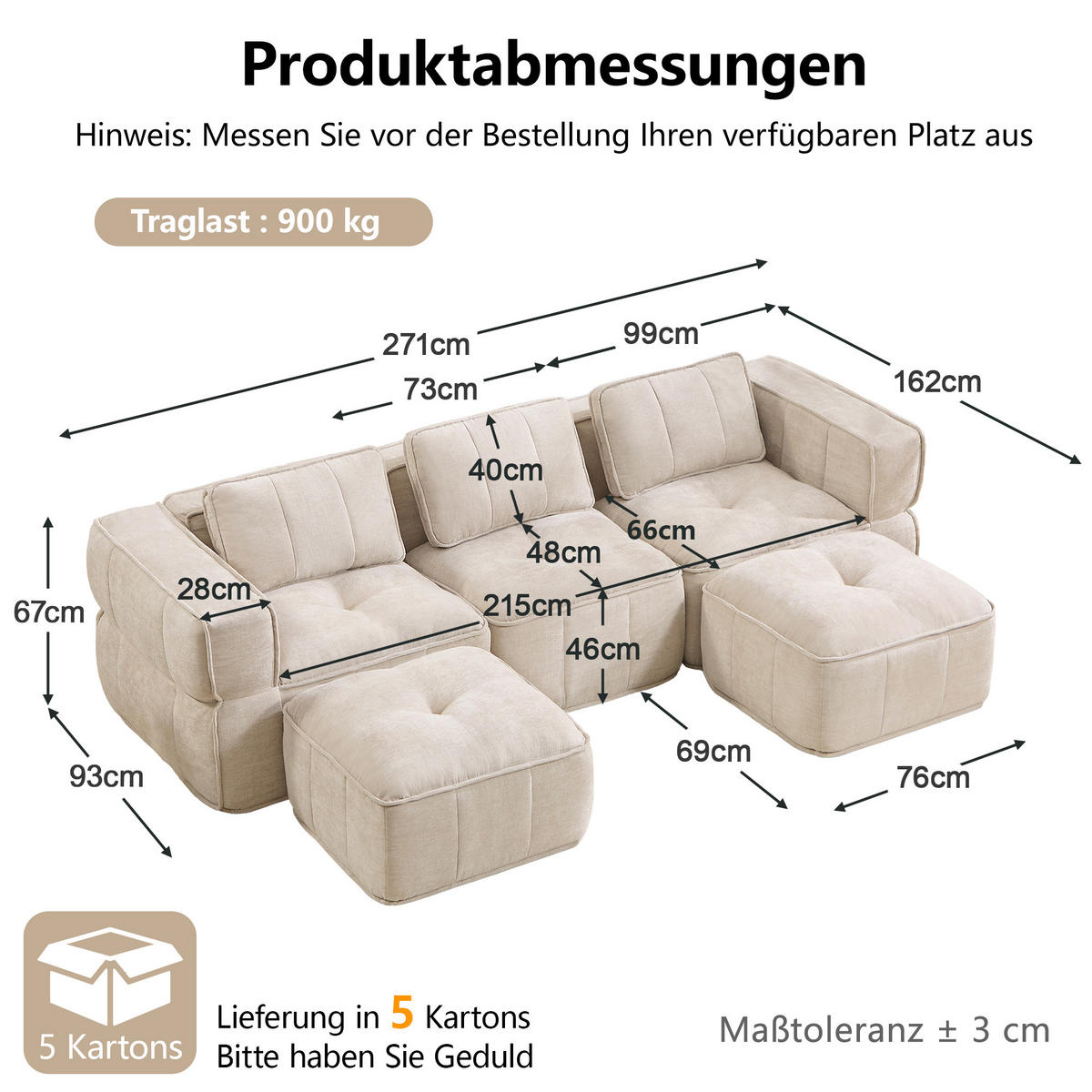 WOHNLANDSCHAFT DE-34428 U-Form mit 2 Hockern Beige - Beige, Textil (162/67/271cm) - ComfortXL